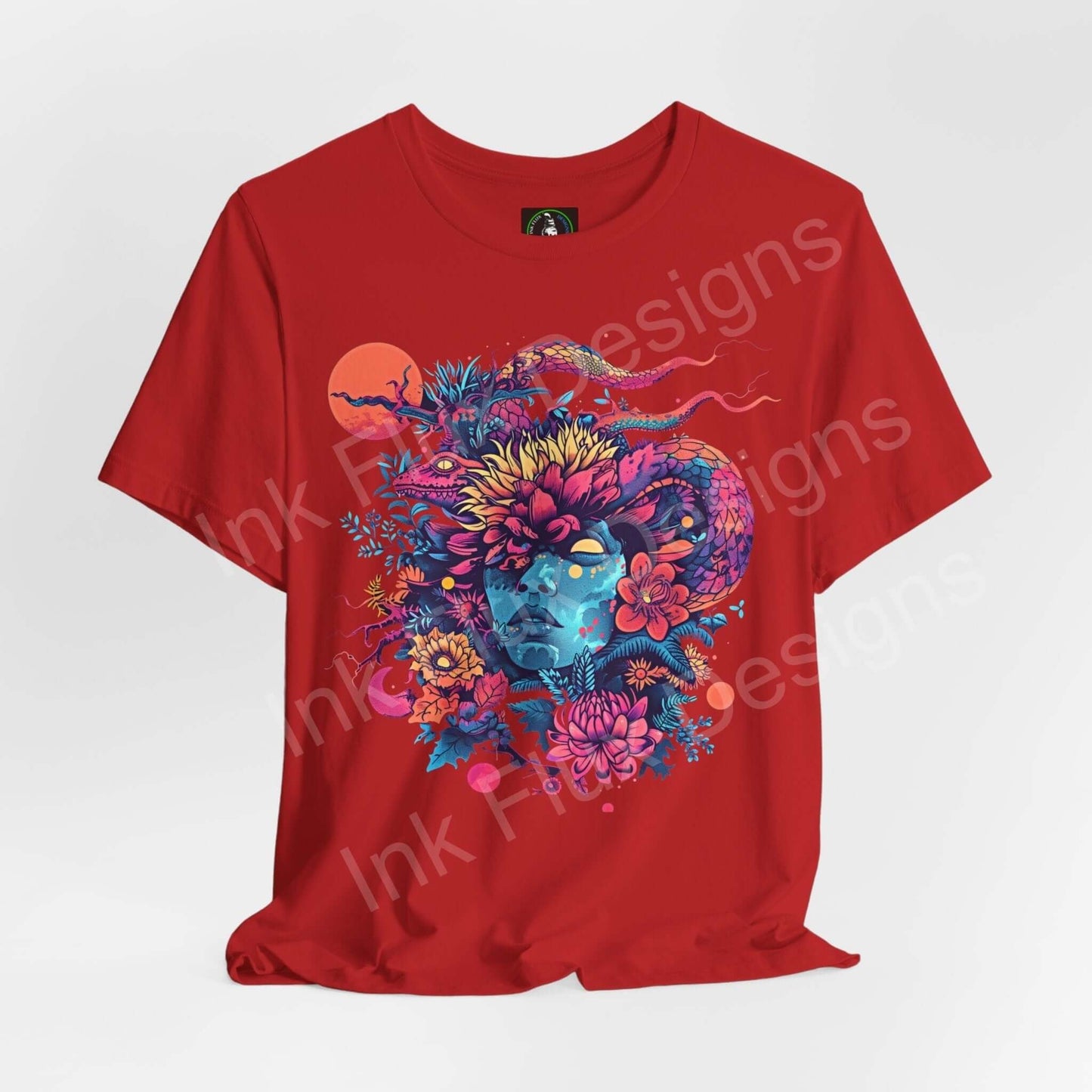Red unisex T-shirt featuring bold psychedelic graphics with a colorful floral and celestial ram design, ideal for a trippy style statement.