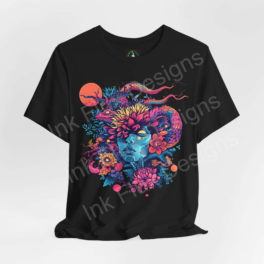 Black unisex T-shirt featuring a bold, psychedelic graphic with vibrant colors, depicting a mythical face merged with floral and cosmic elements.