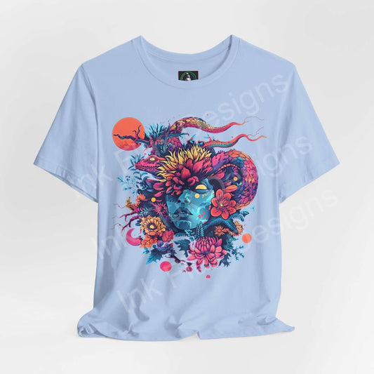 Light blue unisex jersey T-shirt featuring bold psychedelic graphics with vibrant floral and animal motifs, perfect for a trippy style.