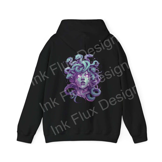 Back view of a black Medusa hooded sweatshirt featuring a bold purple graphic design on heavy-blend fabric.