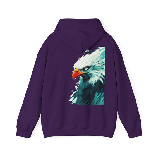 Purple Mighty Bald Eagle hooded sweatshirt with bold graphic design, ideal for stylish comfort.