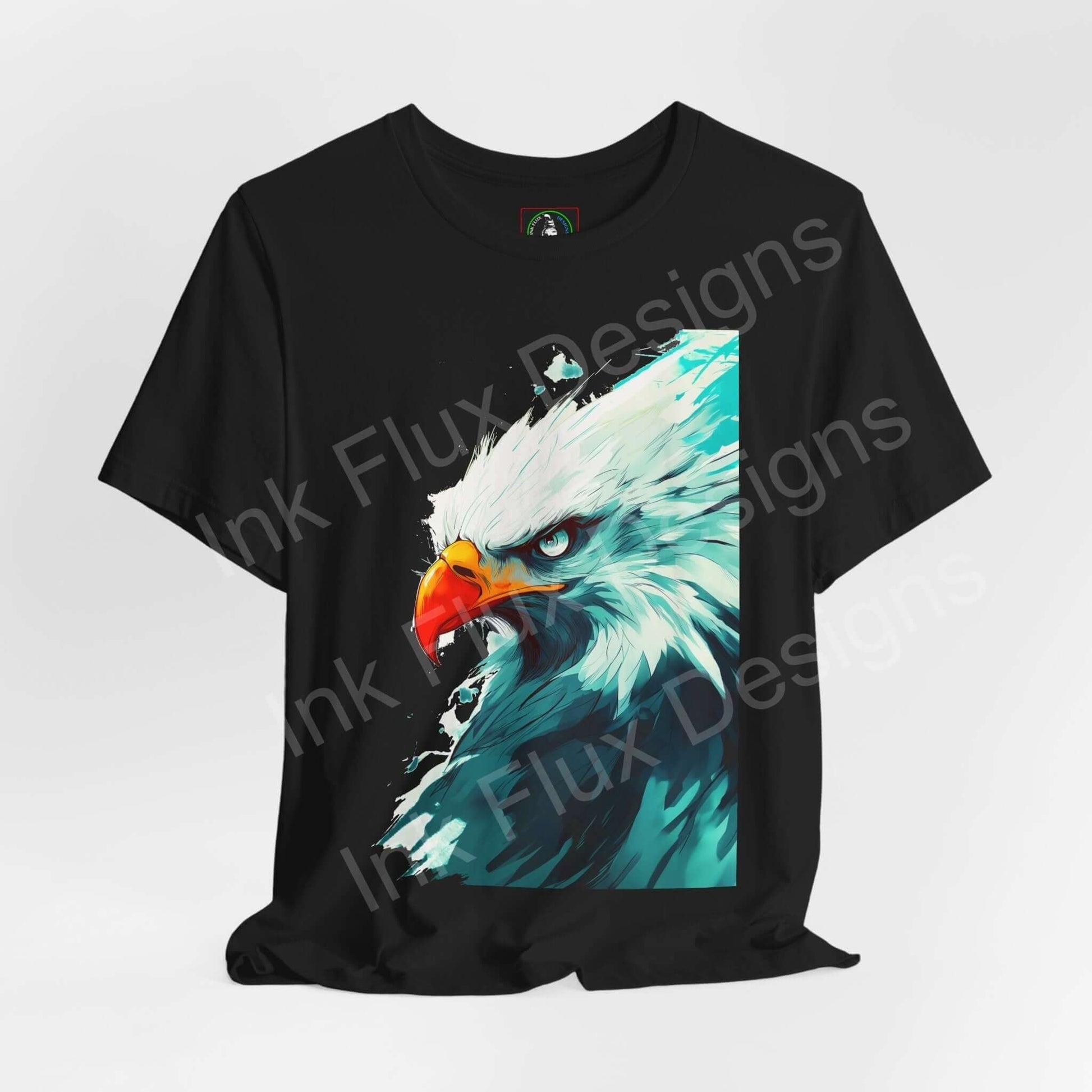 Black unisex T-shirt with a vibrant graphic of a mighty bald eagle, embodying spirit animal themes, perfect for any occasion.