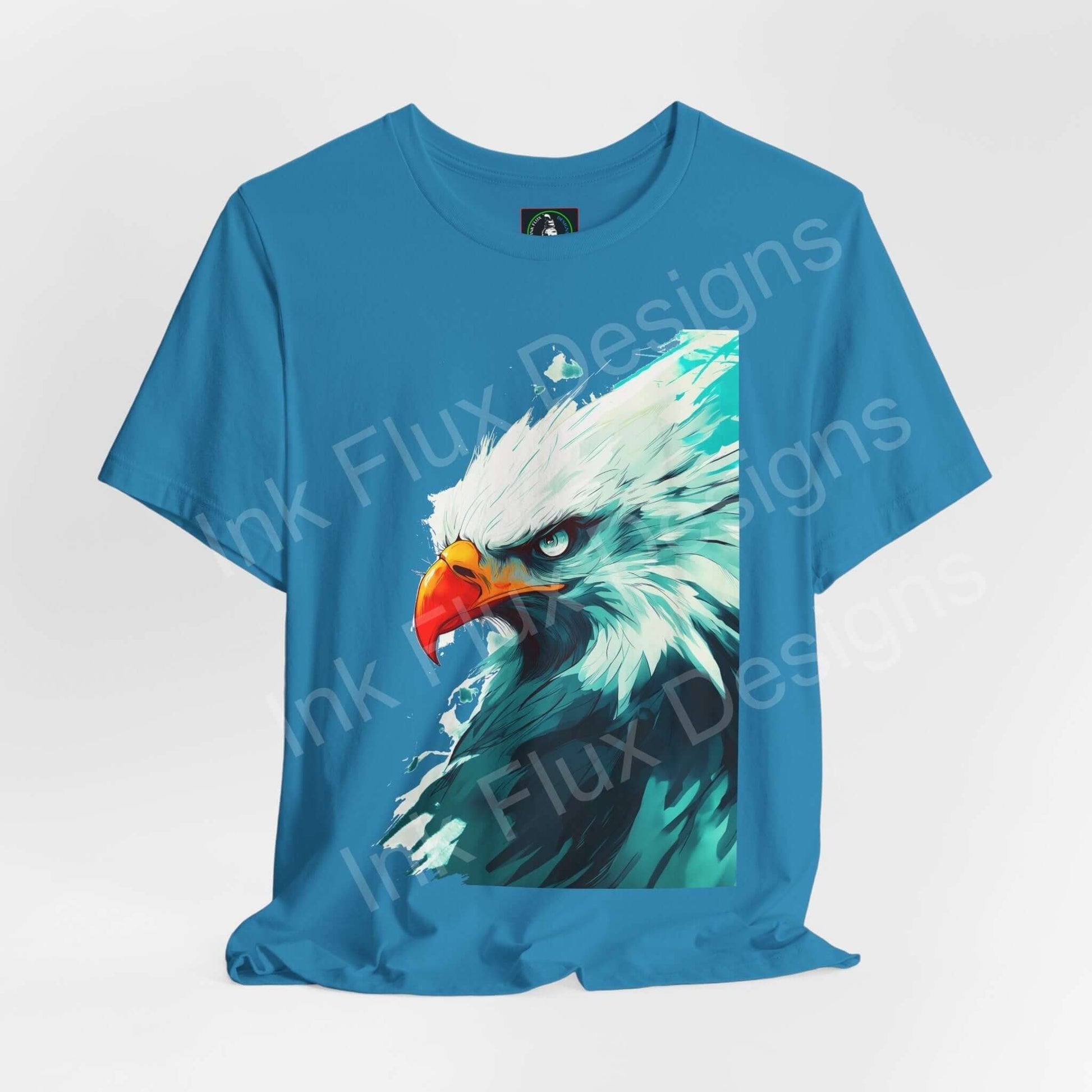 Bold graphic tee featuring a mighty bald eagle design on a blue unisex jersey shirt, ideal for fans of spirit animals and animal-themed apparel.