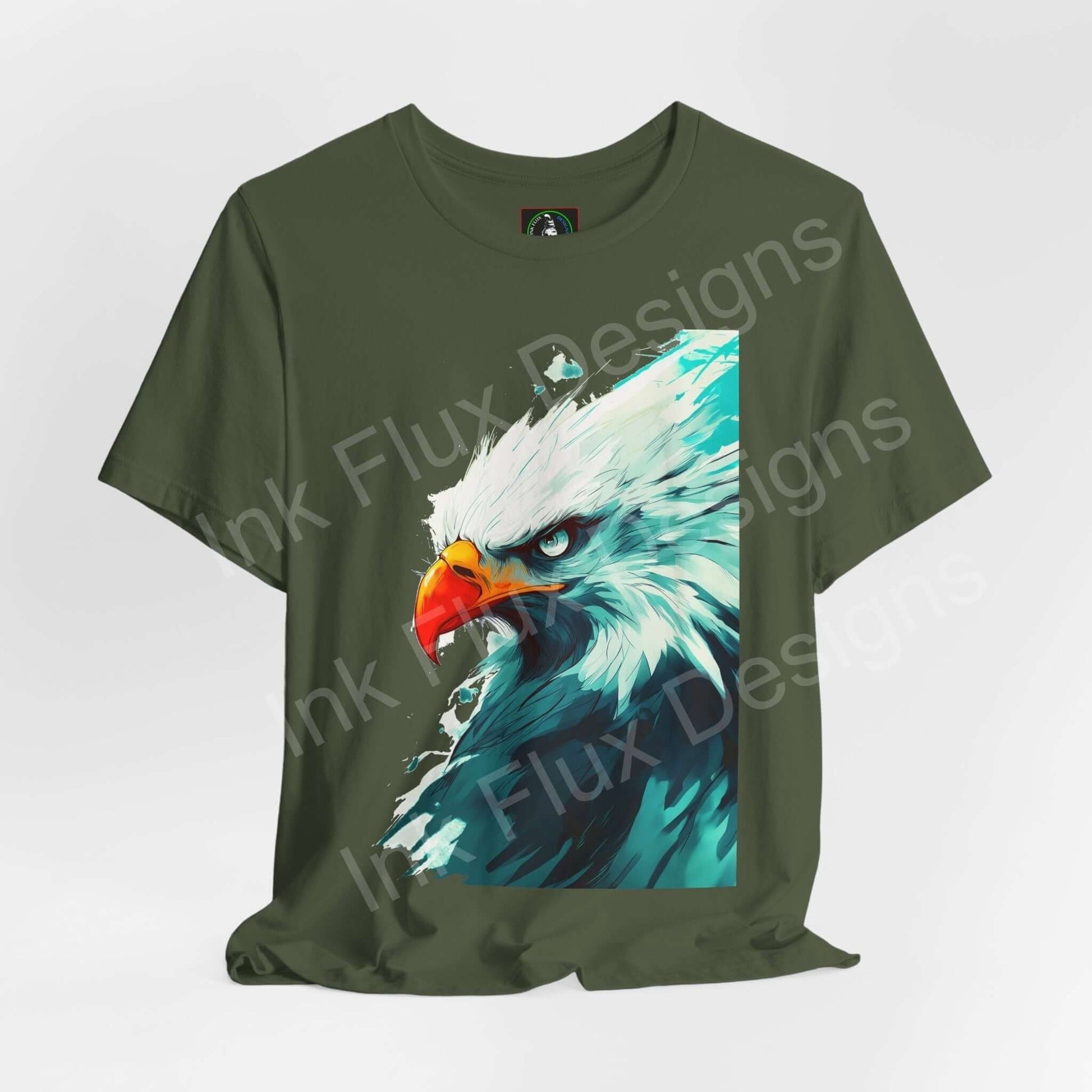 Olive green unisex T-shirt featuring a graphic of a fierce bald eagle, designed for style and comfort, ideal for spirit animal enthusiasts.