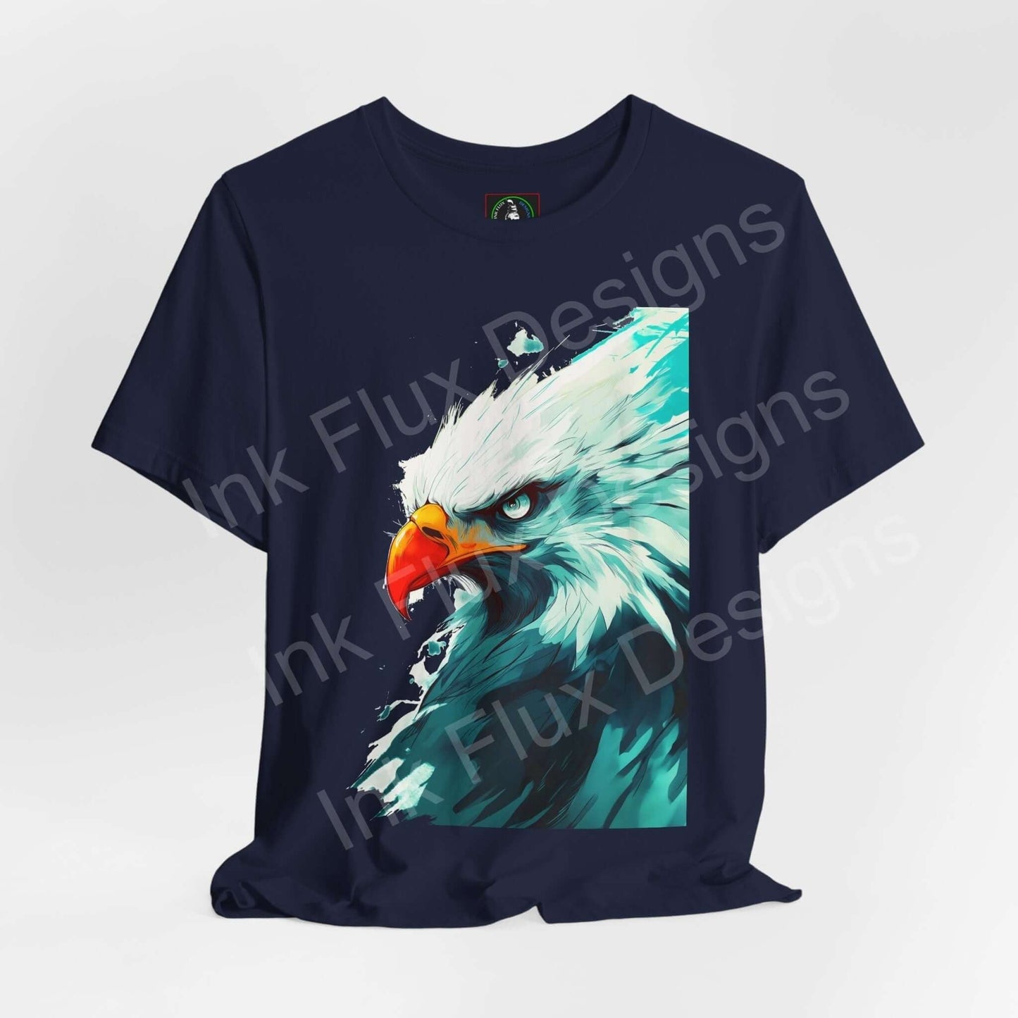 Navy blue unisex T-shirt featuring a graphic of a mighty bald eagle, from the Bella+Canvas collection, ideal for spirit animal enthusiasts.