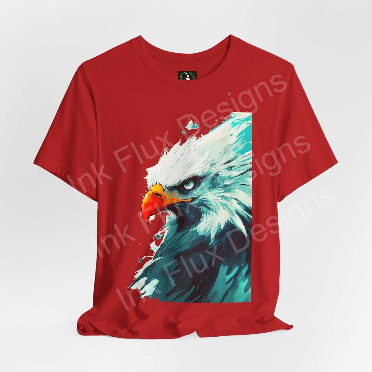 Red unisex T-shirt with a graphic of a mighty bald eagle, ideal for lovers of spirit animal themed apparel.