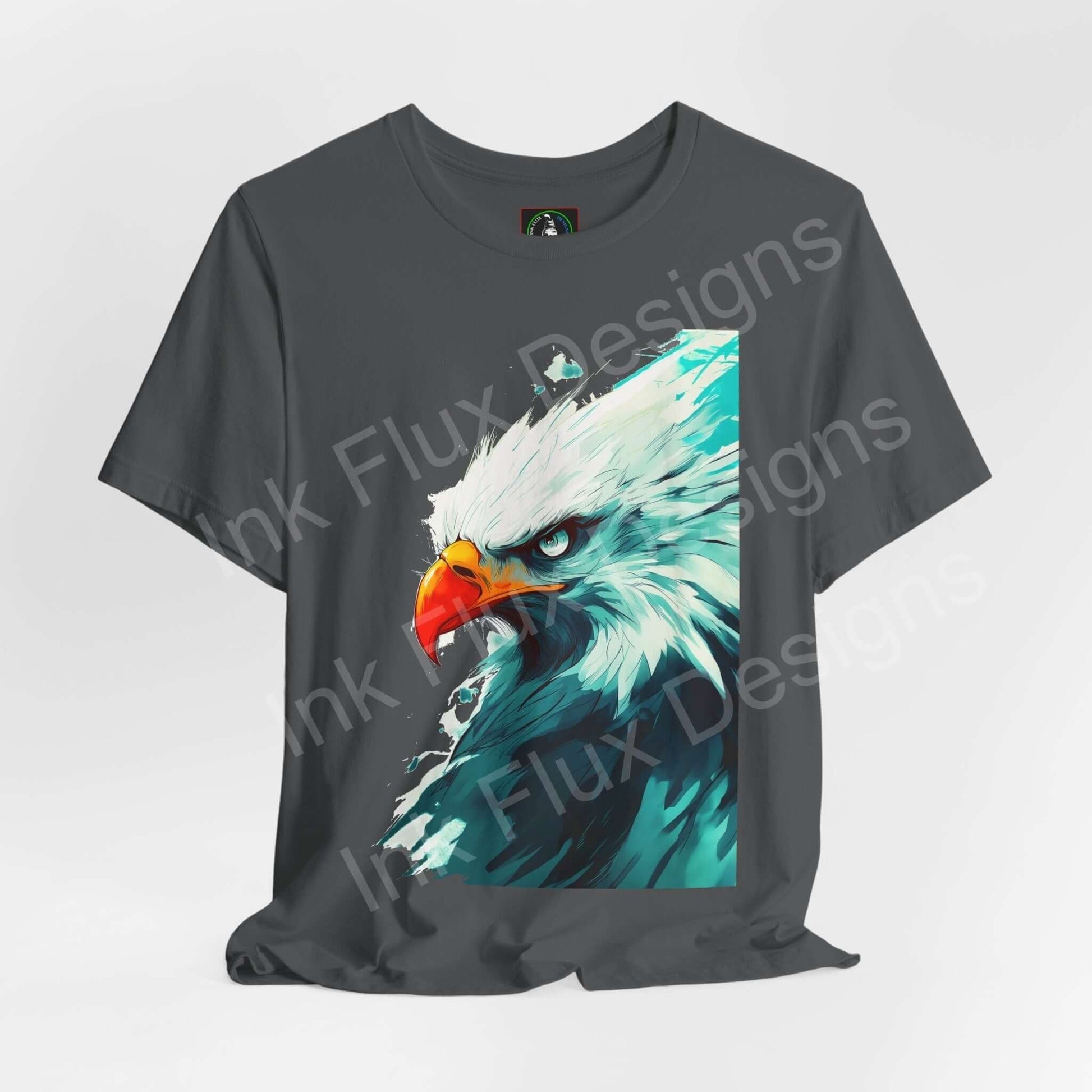 Charcoal gray unisex T-shirt featuring a vibrant graphic of a mighty bald eagle, ideal for lovers of spirit animals and graphic tees