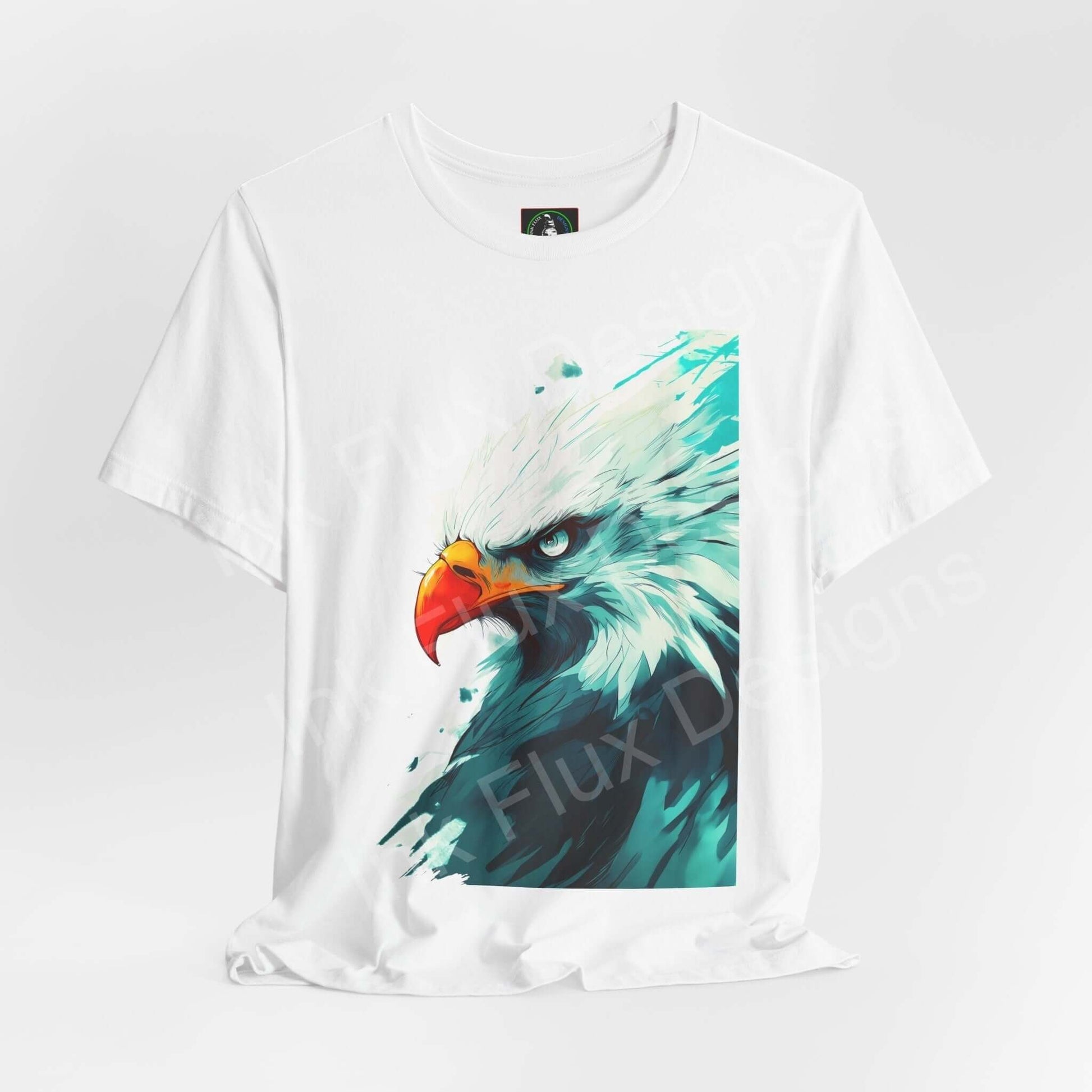 White unisex T-shirt with vibrant graphic of a mighty bald eagle, symbolizing spirit animals, perfect for style and comfort.