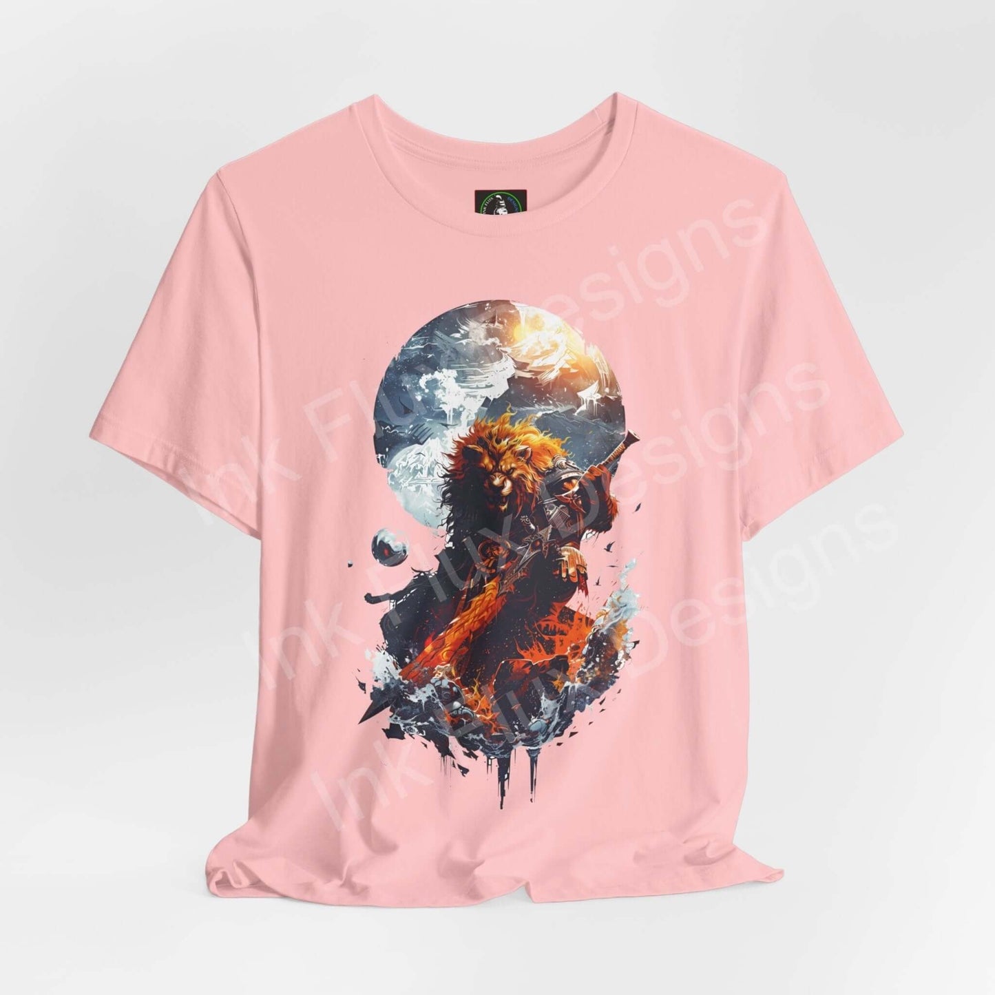Pink unisex T-shirt with graphic design of a lion resembling a spirit animal against a cosmic background, featuring celestial bodies and vibrant colors.