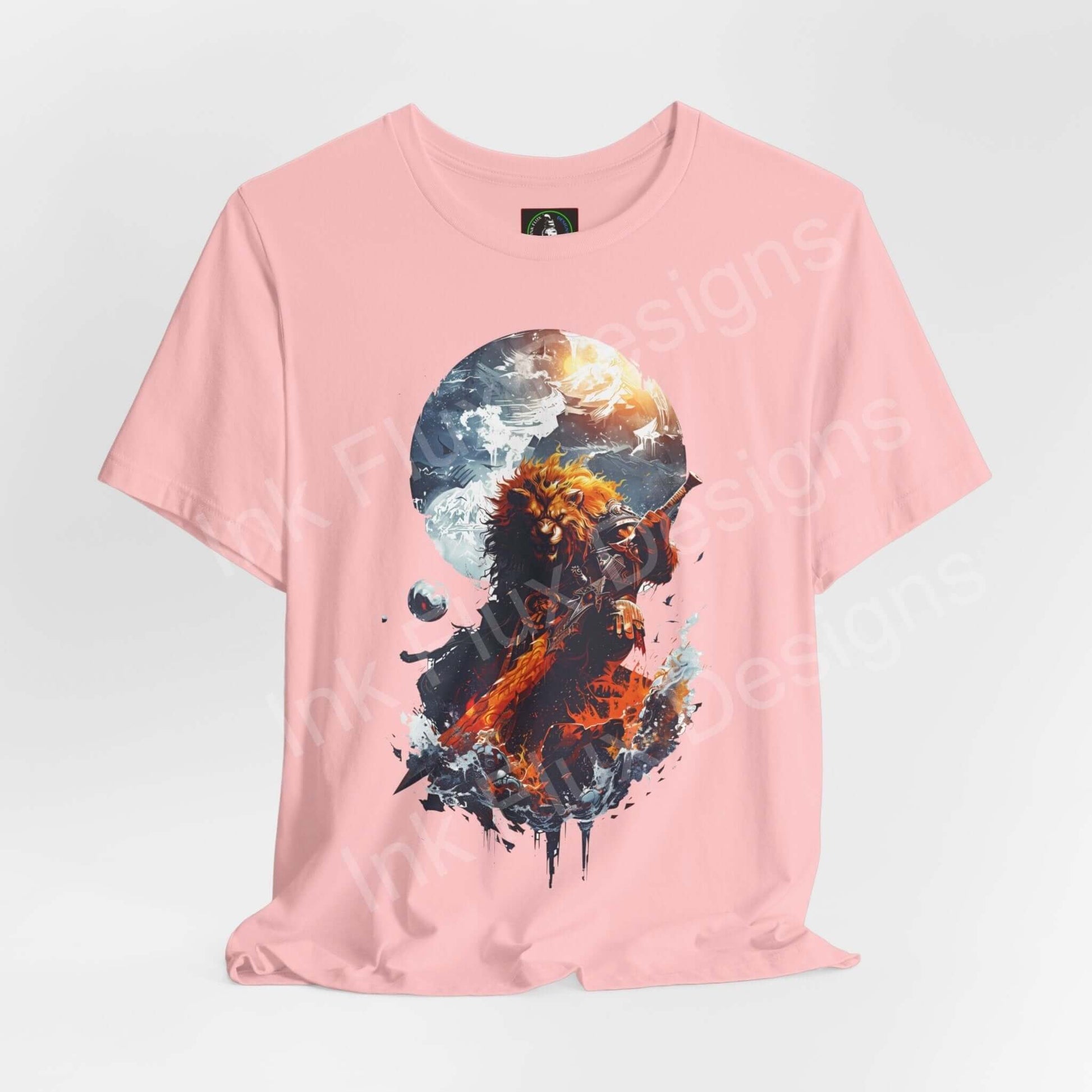 Pink unisex T-shirt with graphic design of a lion resembling a spirit animal against a cosmic background, featuring celestial bodies and vibrant colors.