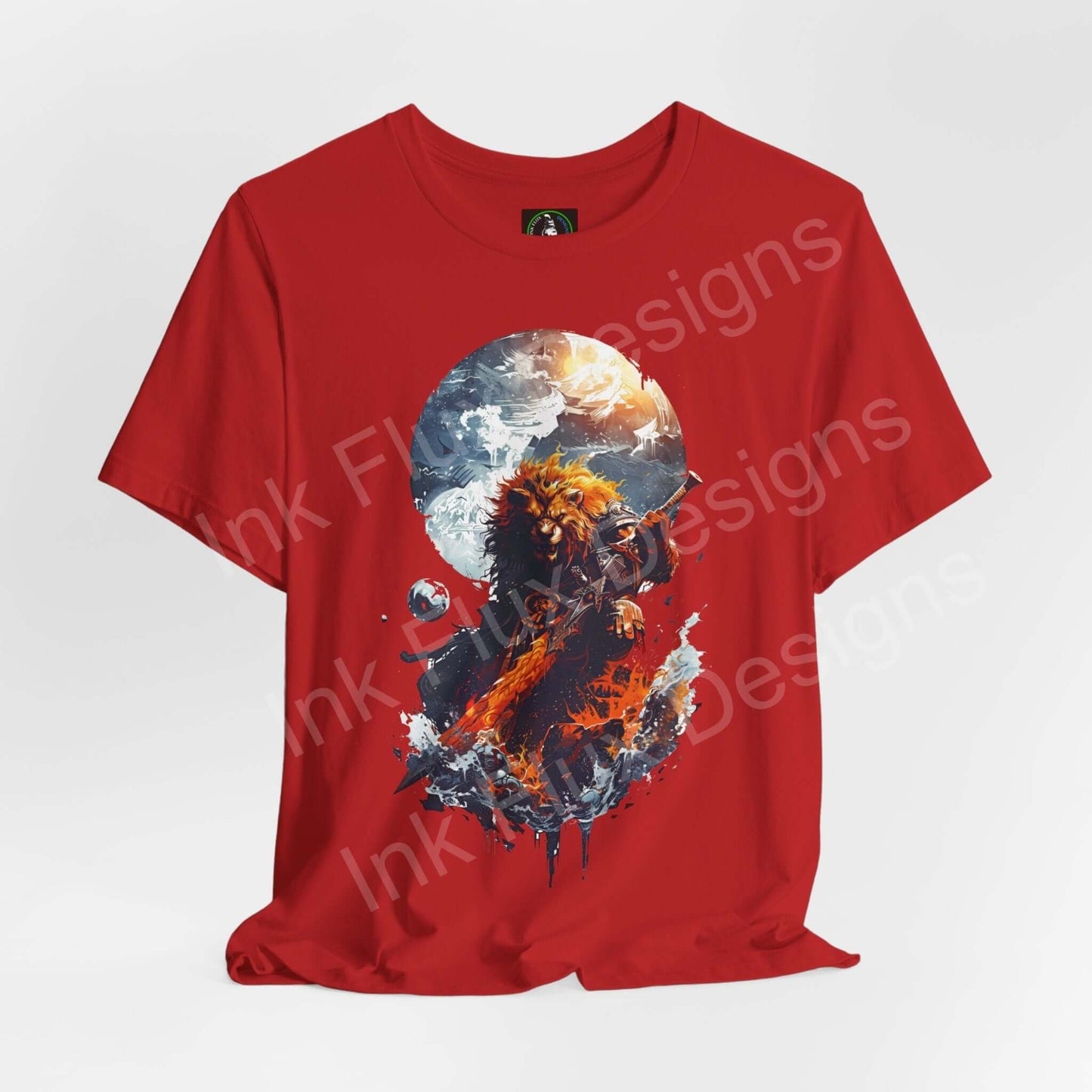 Red unisex T-shirt featuring a vibrant graphic of a lion warrior and celestial elements, comfortable breathable cotton by Bella+Canvas, perfect for animal and spirit animal enthusiasts.