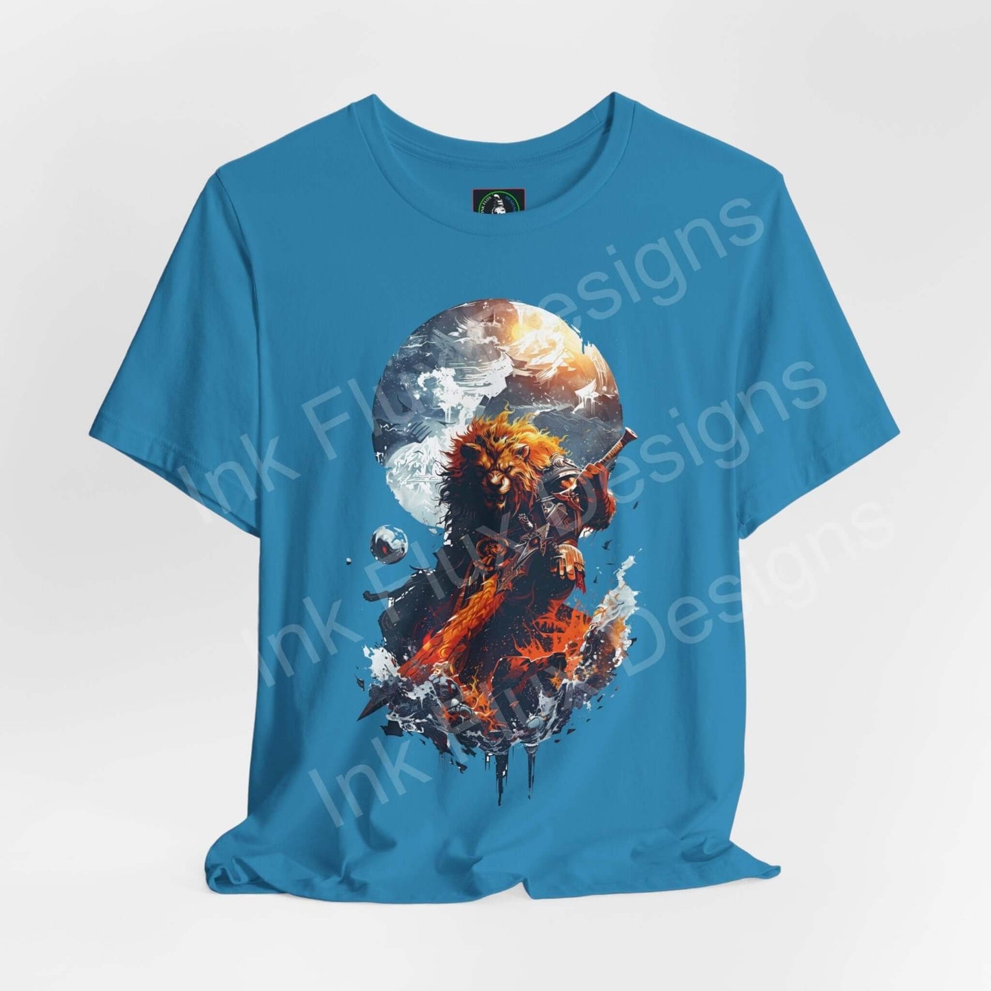 Graphic Tee featuring a Mighty Lion Warrior design with vibrant planets and stars on a blue Bella+Canvas shirt, embodying spirit animal and style.