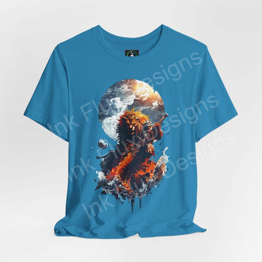 Graphic Tee featuring a Mighty Lion Warrior design with vibrant planets and stars on a blue Bella+Canvas shirt, embodying spirit animal and style.