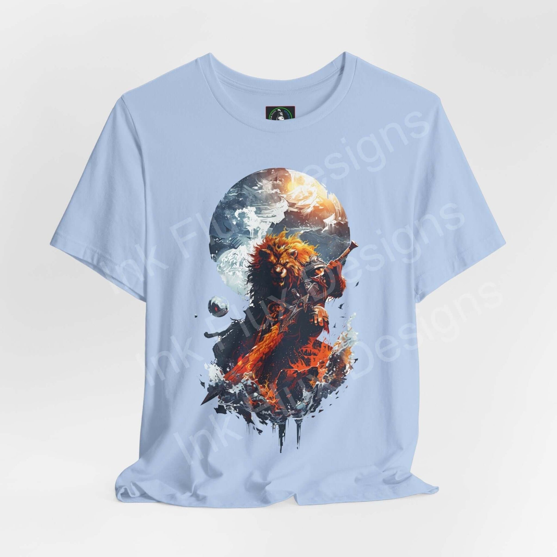 Mighty Lion Warrior graphic tee with vibrant animal illustration on light blue, unisex, Bella+Canvas T-shirt featuring spirit animal design.