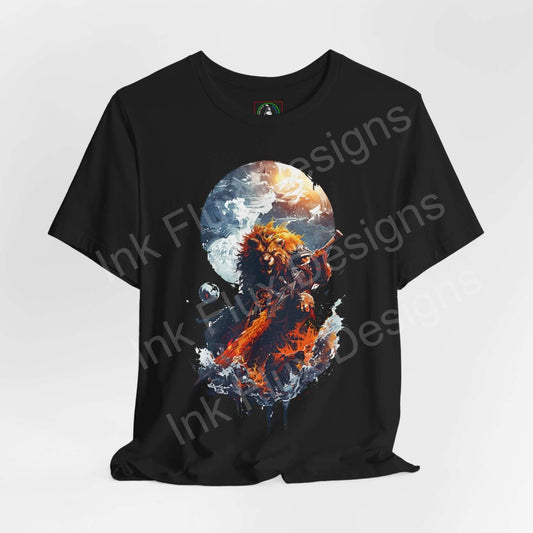 Black unisex T-shirt featuring a vibrant graphic of a lion warrior against a dual moon background, symbolizing spirit animals, ideal for casual wear.