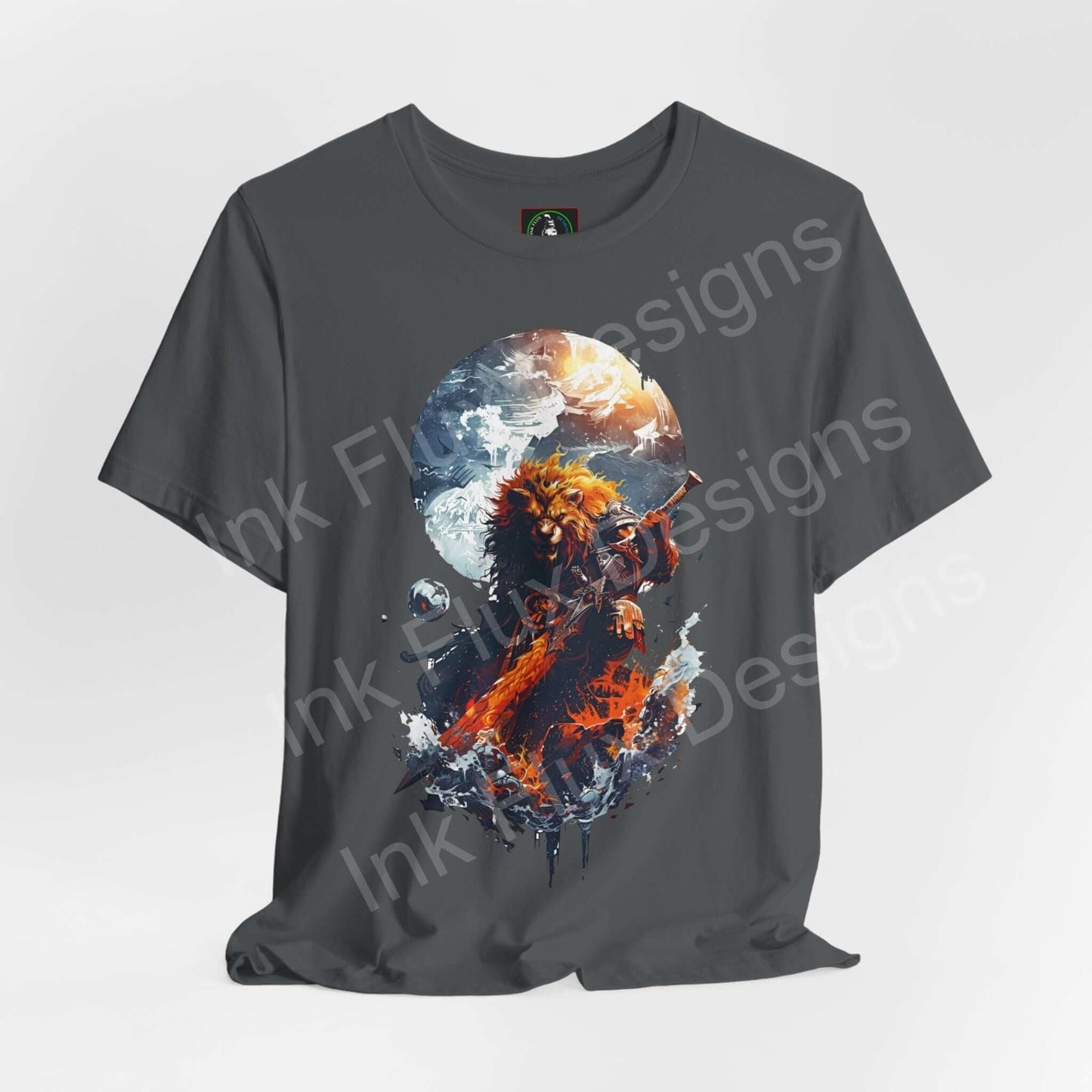 Unisex charcoal gray T-shirt featuring a vibrant graphic of a Mighty Lion Warrior in a dynamic, fantasy-themed setting with cosmic elements.