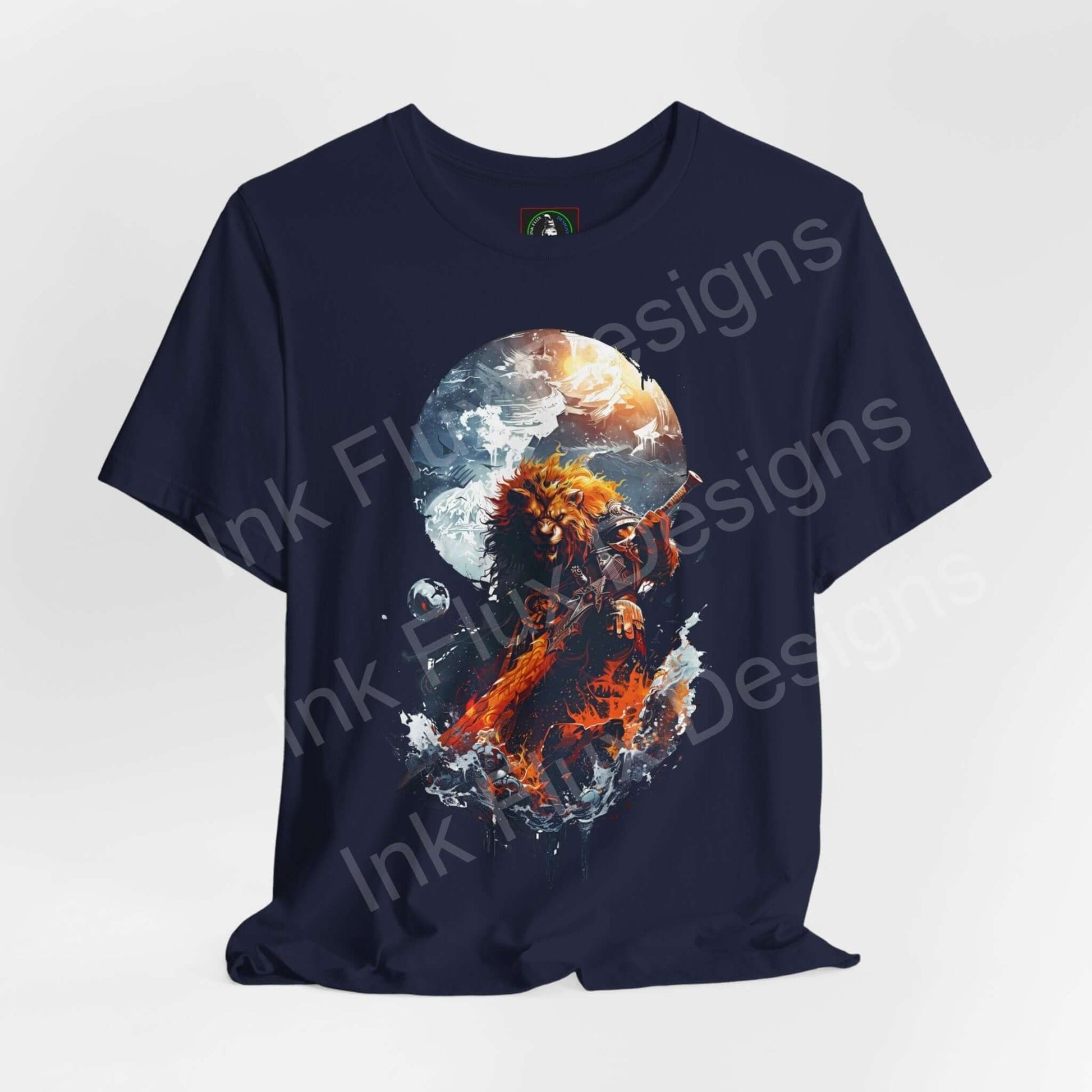 Navy unisex graphic tee featuring a fiery lion warrior design with a celestial background, from the Mighty Lion Warrior collection
