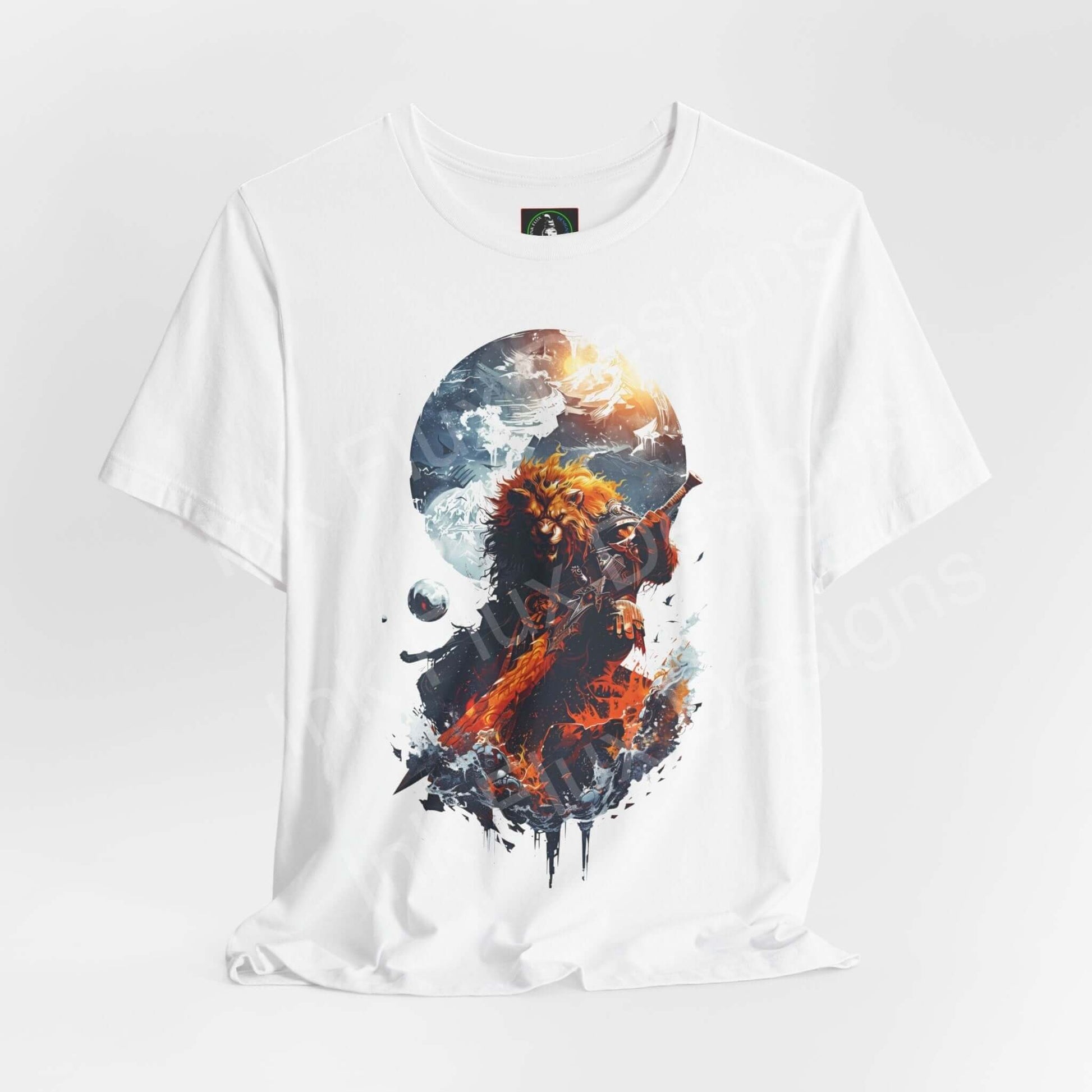 Mighty Lion Warrior graphic tee featuring a vibrant, detailed lion set against a cosmic backdrop on a white, ribbed-collar T-shirt.