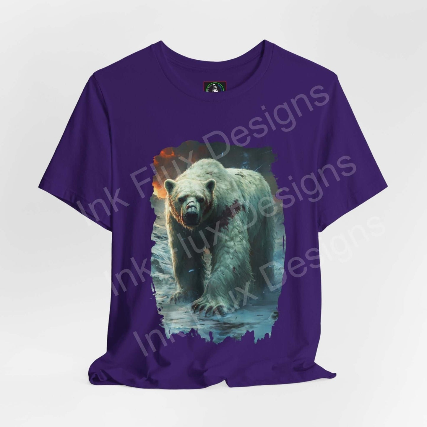 Purple "Mighty Polar Bear" graphic tee featuring a vivid polar bear print, part of Bella+Canvas's ethically made and sustainable T-shirt line.