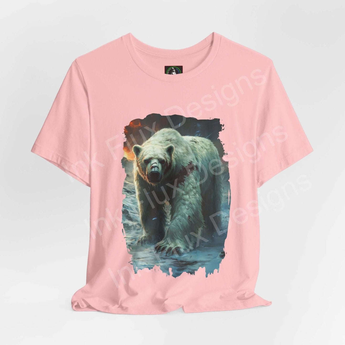 Pink unisex T-shirt featuring a roaring polar bear graphic design, from Bella+Canvas, ideal for spirit animal and animal graphic tee enthusiasts.