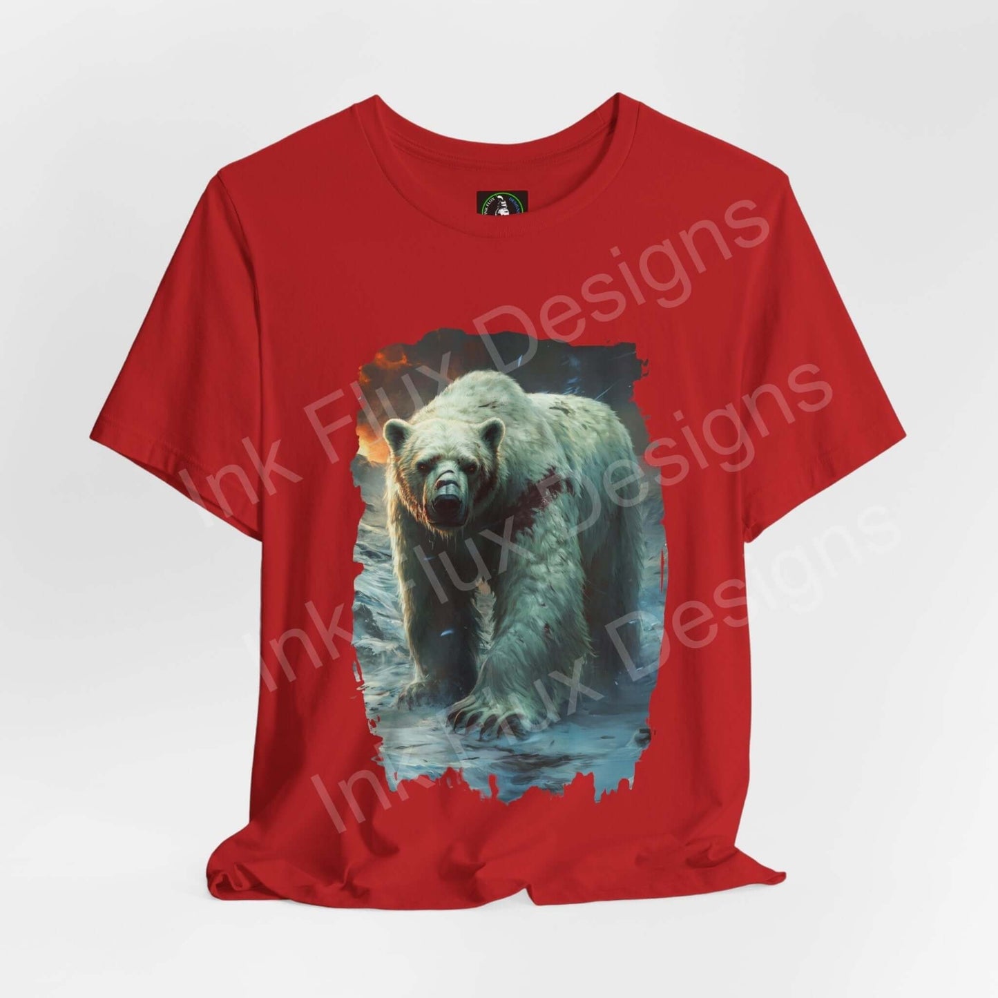 Red unisex T-shirt featuring a graphic of a roaring polar bear, perfect for spirit animal enthusiasts and sustainable fashion lovers.