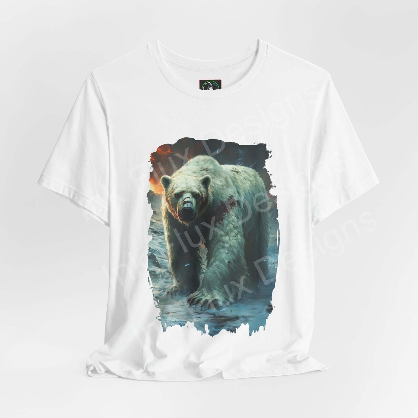 White unisex T-shirt featuring a graphic of a roaring polar bear, ideal for those who love spirit animal themed apparel.