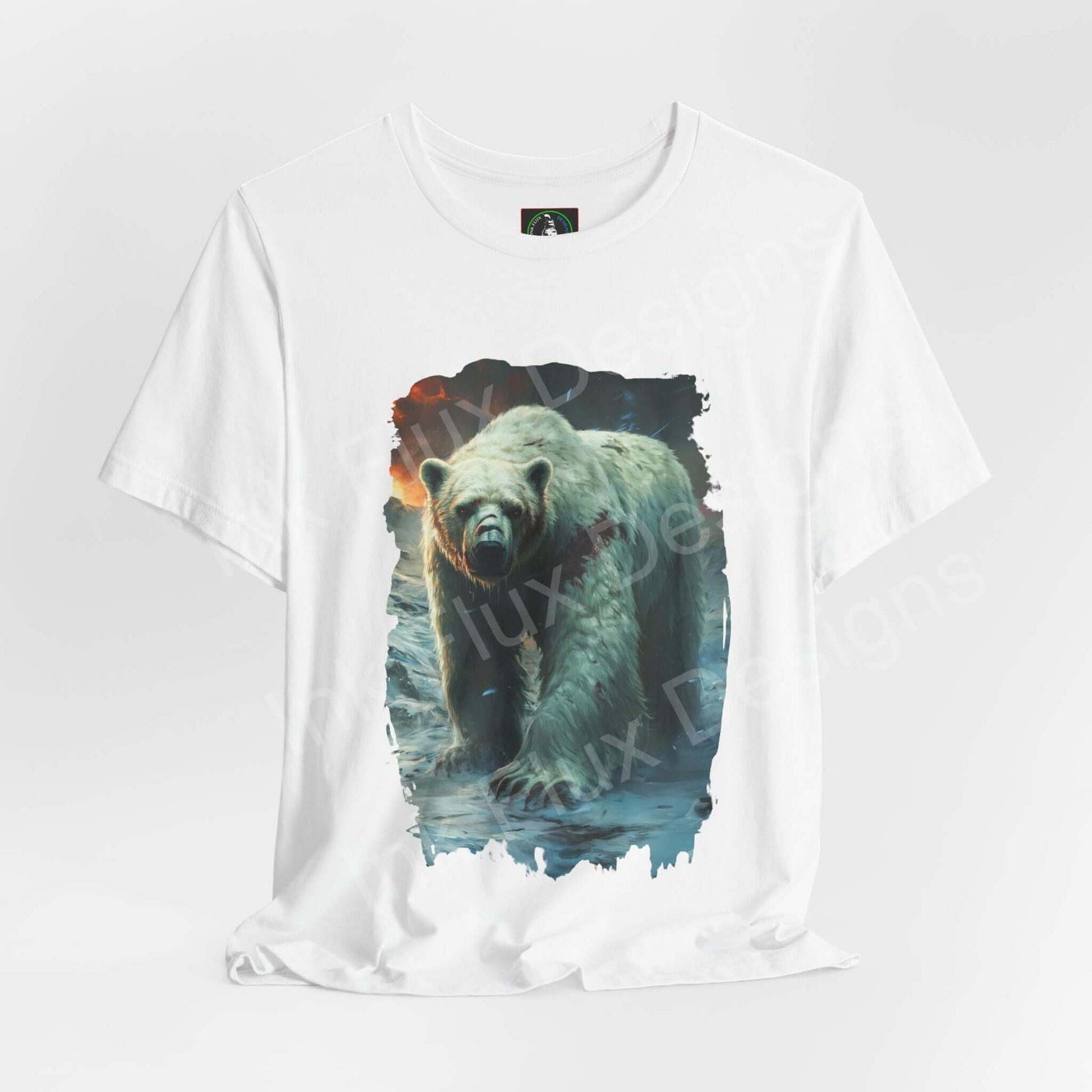 White unisex T-shirt featuring a graphic of a roaring polar bear, ideal for those who love spirit animal themed apparel.