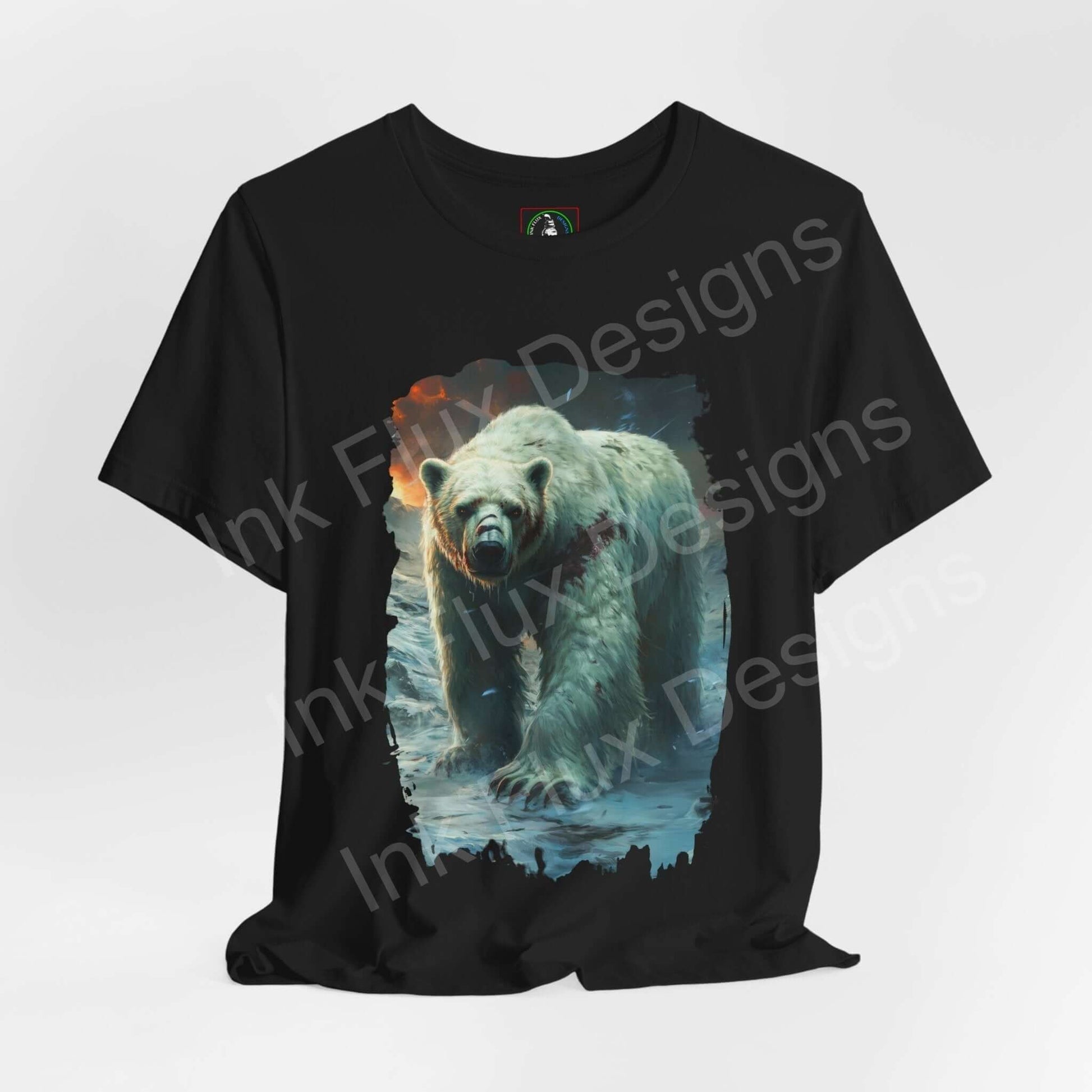 Black unisex T-shirt featuring a graphic of a mighty polar bear, perfect for fans of spirit animals and ethically made graphic tees.