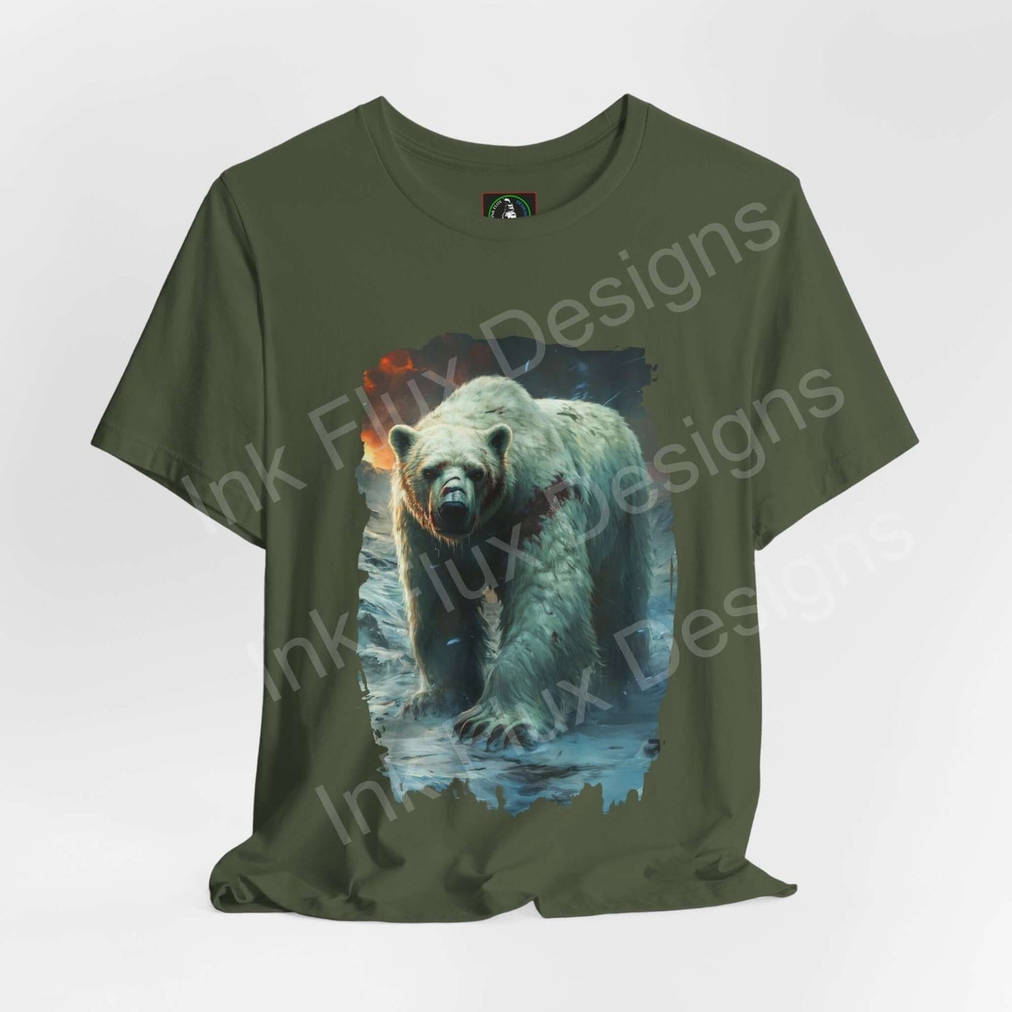 Olive green unisex T-shirt featuring a detailed graphic of a roaring polar bear, perfect for spirit animal enthusiasts.