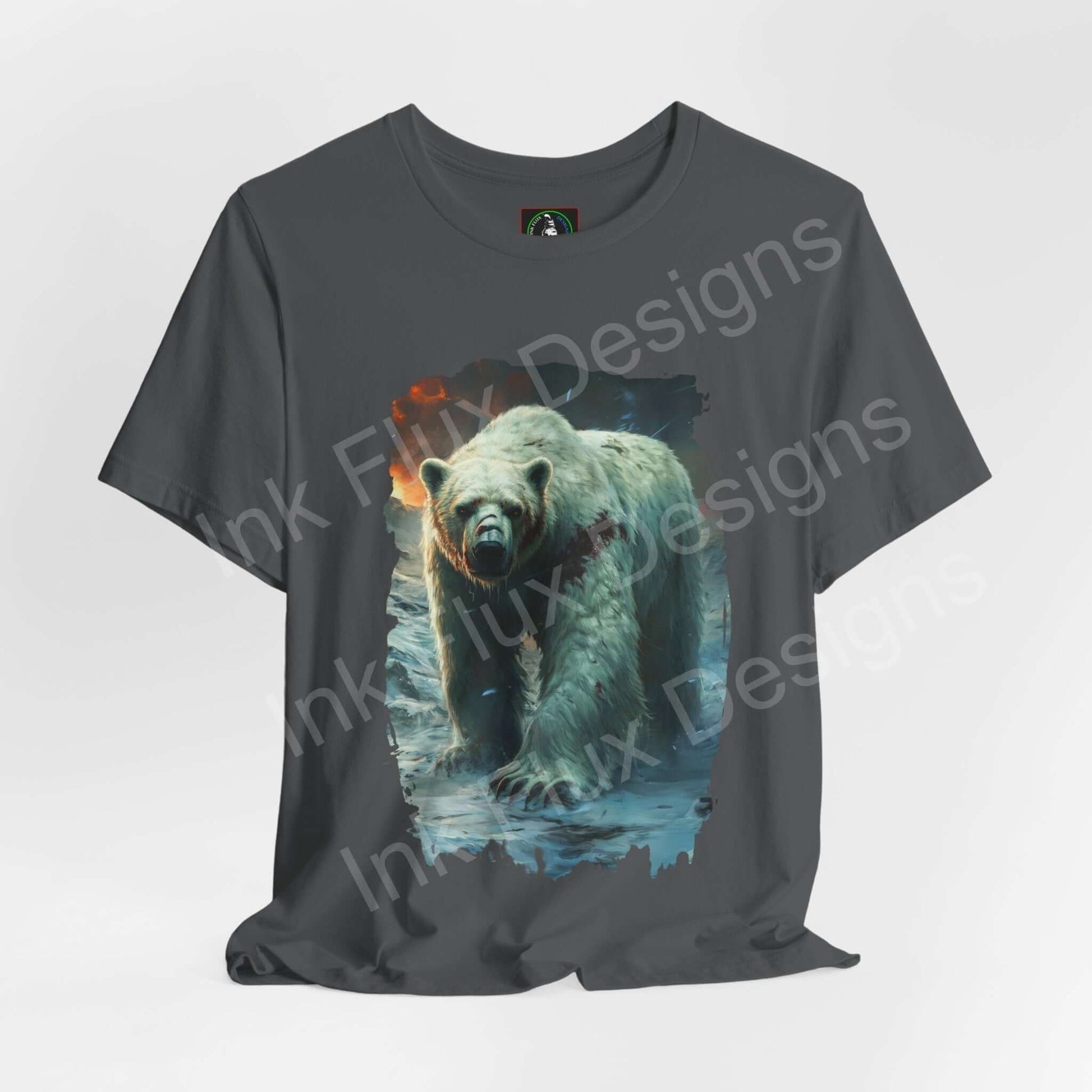 Unisex gray T-shirt featuring a graphic of a roaring polar bear, ideal for fans of spirit animals and animal-themed apparel.