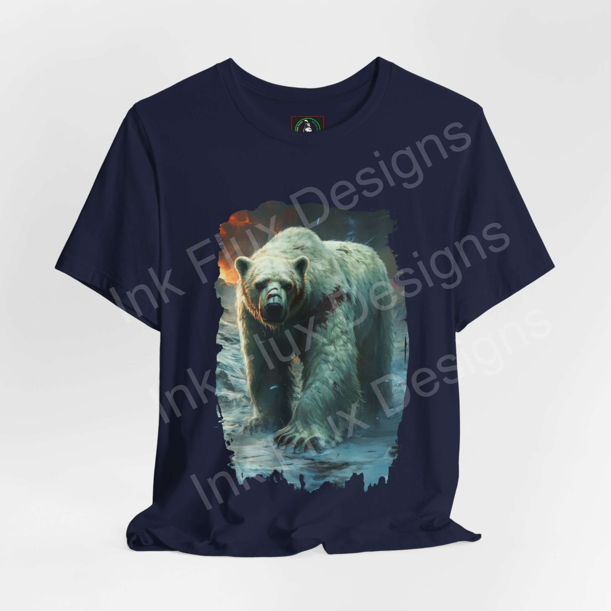 Navy blue graphic T-shirt featuring a majestic polar bear design, part of the 'Mighty Polar Bear' spirit animals collection by Bella+Canvas.