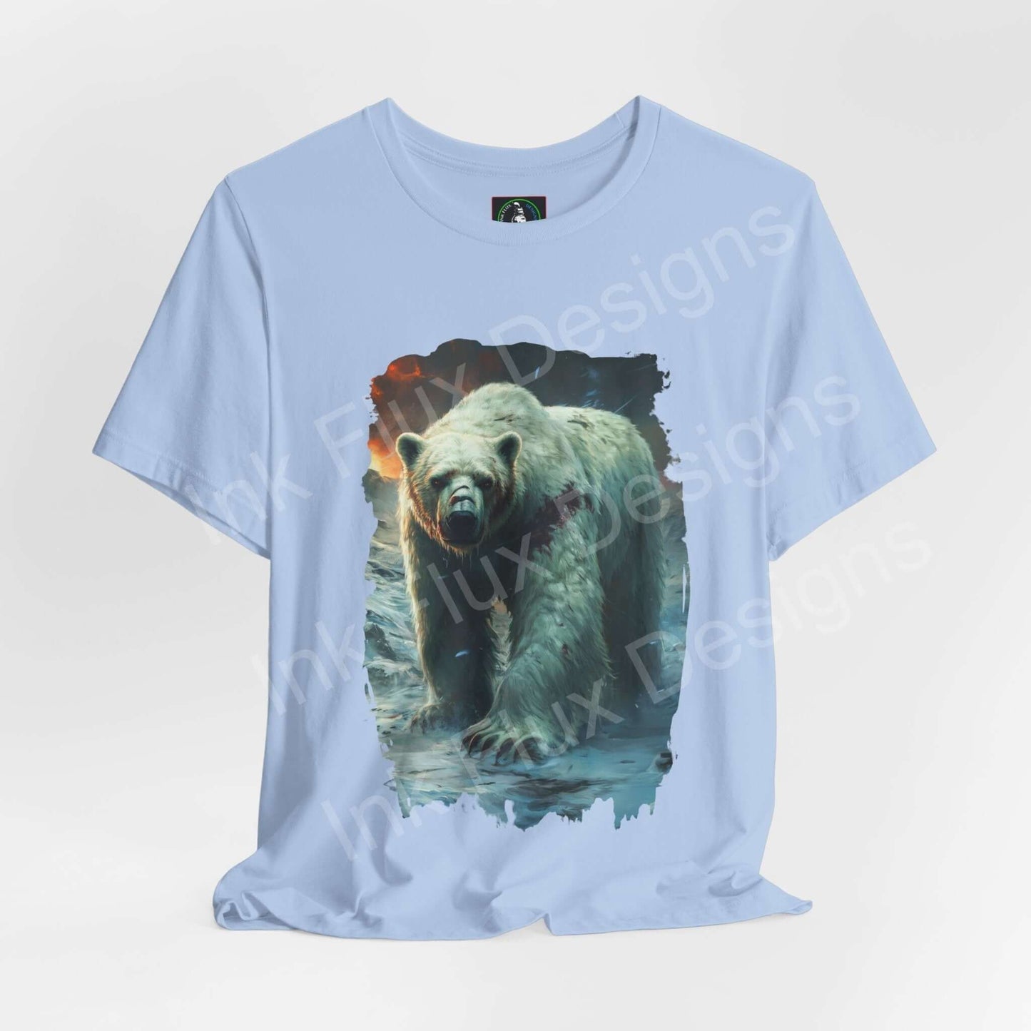 Light blue unisex T-shirt with a vibrant graphic of a roaring polar bear, showcasing a stylish and ethically made shirt by Bella+Canvas.