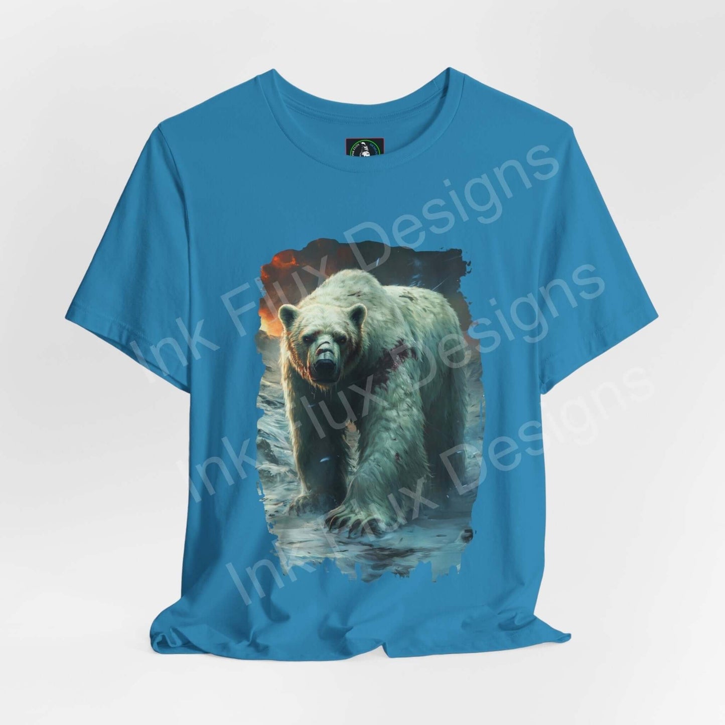 Blue unisex T-shirt featuring a graphic print of a mighty polar bear, part of the Spirit Animals collection, by Bella+Canvas.