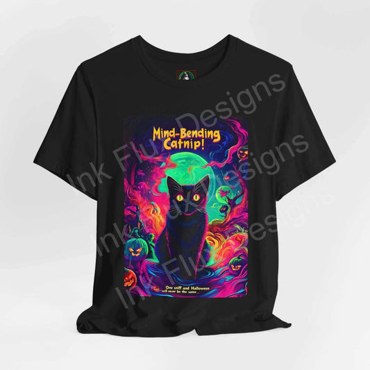 Halloween-themed black graphic tee with vibrant 'Mind Bending Catnip' design featuring a mystical cat and psychedelic colors.