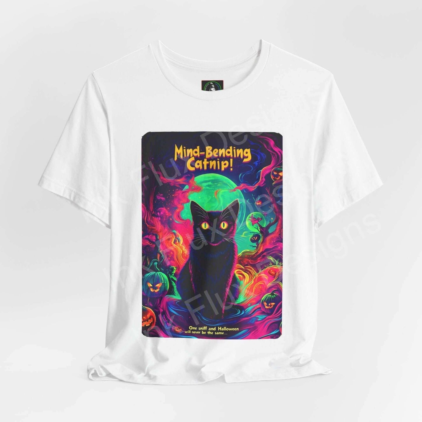 Halloween-themed graphic tee featuring "Mind Bending Catnip" with a vibrant, psychedelic cat design on a unisex white T-shirt.