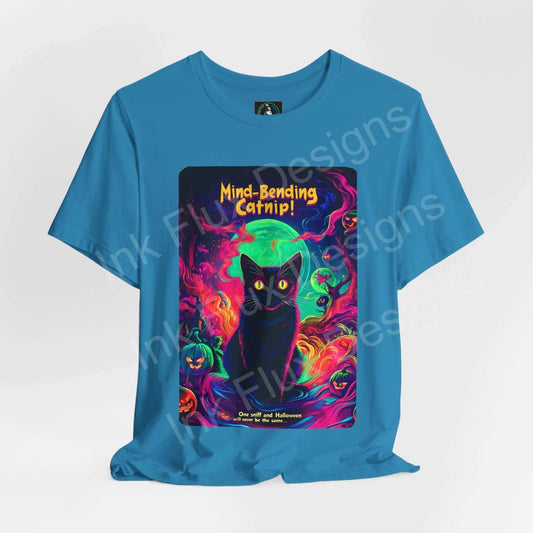 Halloween-themed Mind Bending Catnip graphic tee featuring a mystical black cat surrounded by vibrant, psychedelic colors on a blue shirt.
