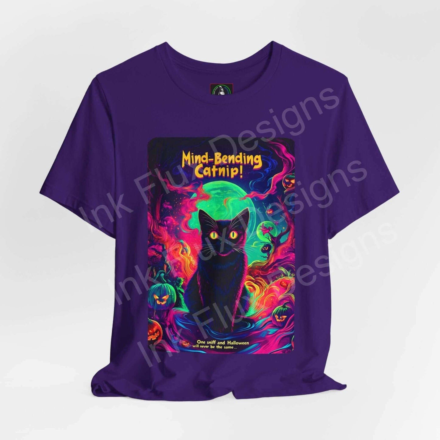 Halloween-themed graphic T-shirt featuring a black cat and vibrant, psychedelic patterns on a purple tee, titled 'Mind-Bending Catnip'.
