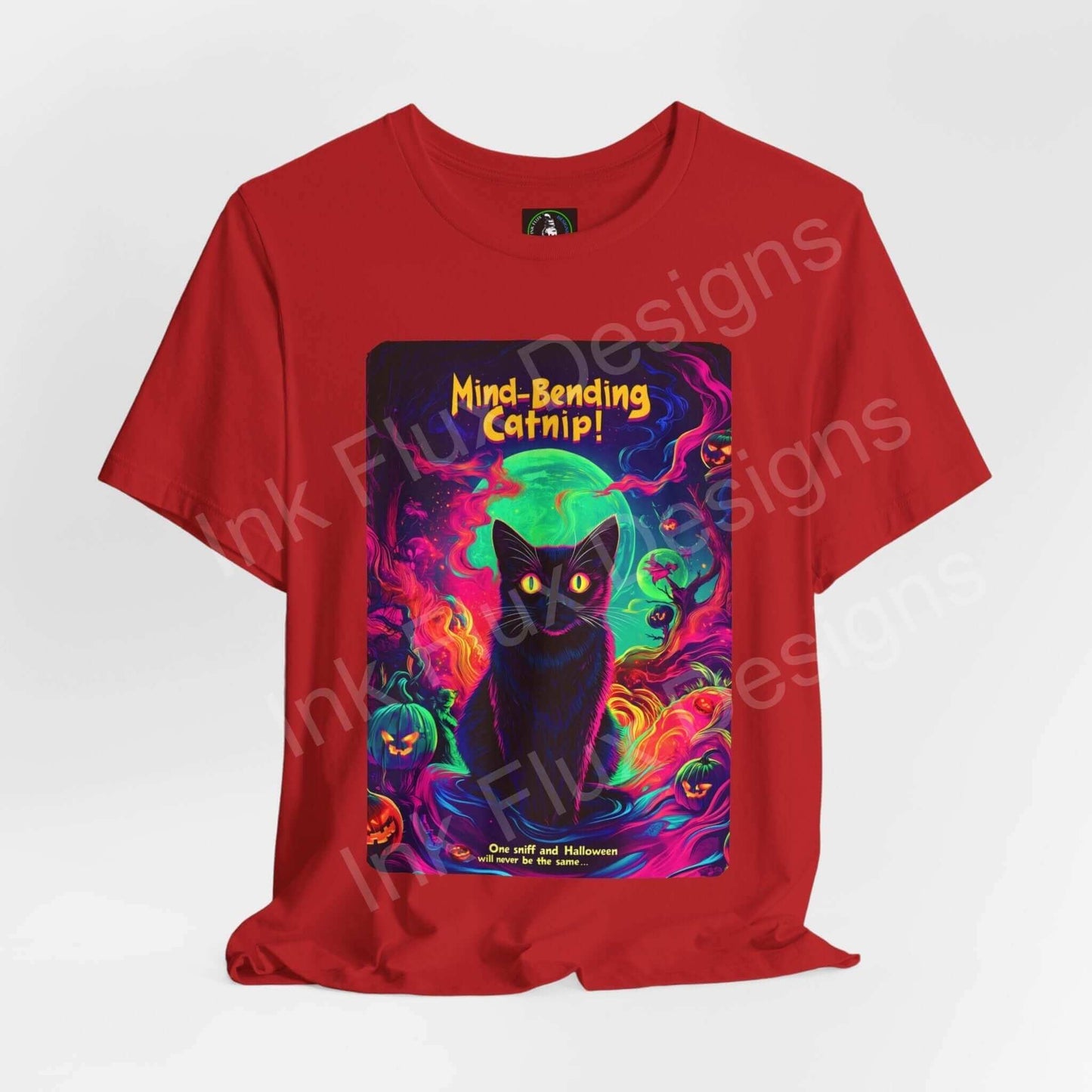 Red unisex jersey T-shirt featuring a vibrant "Mind Bending Catnip" graphic with a mystical black cat and colorful Halloween pumpkins.