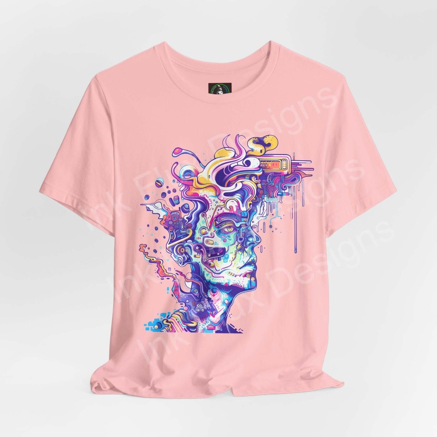 Pink unisex T-shirt featuring a bold, psychedelic graphic print with vibrant trippy visuals, marketed as sustainable and comfy by Bella+Canvas.