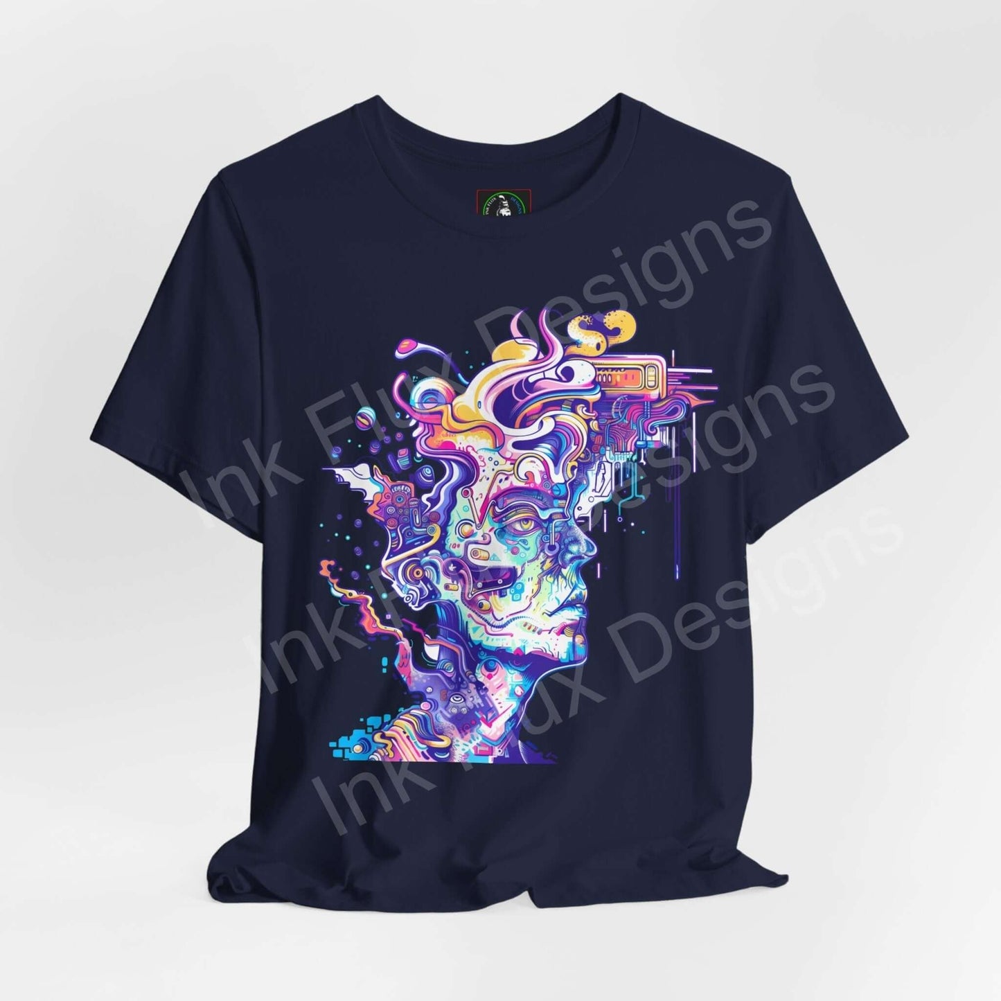 Unisex navy blue graphic tee featuring a bold, trippy psychedelic design with vibrant colors and abstract patterns, ideal for stylish casual wear.