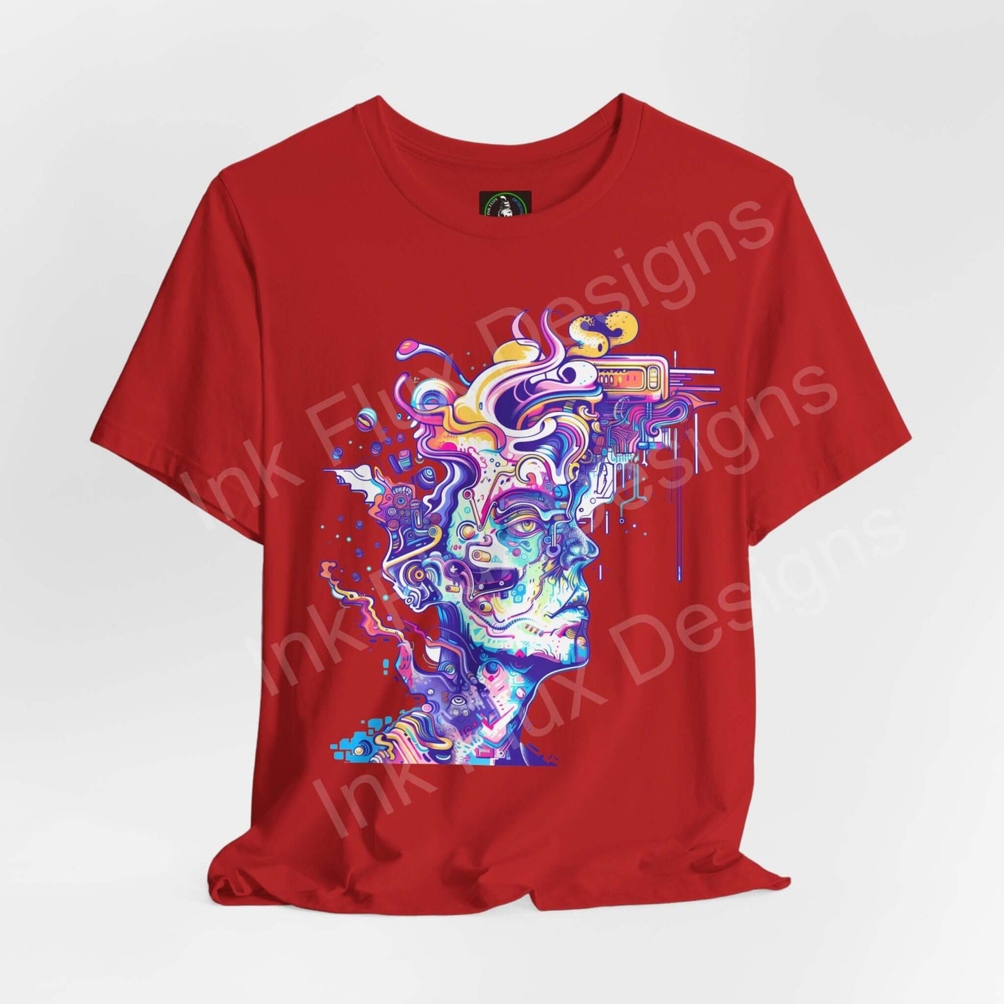 Bold graphic tee featuring a vibrant, psychedelic design on a red unisex jersey T-shirt, ideal for a trippy, stylish look.