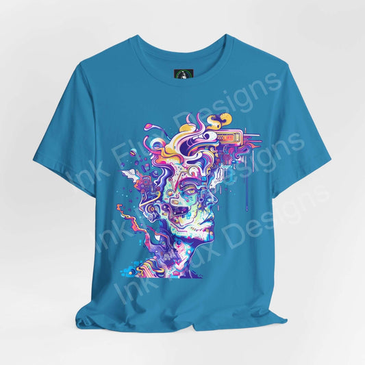Psychedelic blue T-shirt featuring bold, trippy graphic of a melting face, crafted from soft Airlume cotton, perfect for style and comfort.