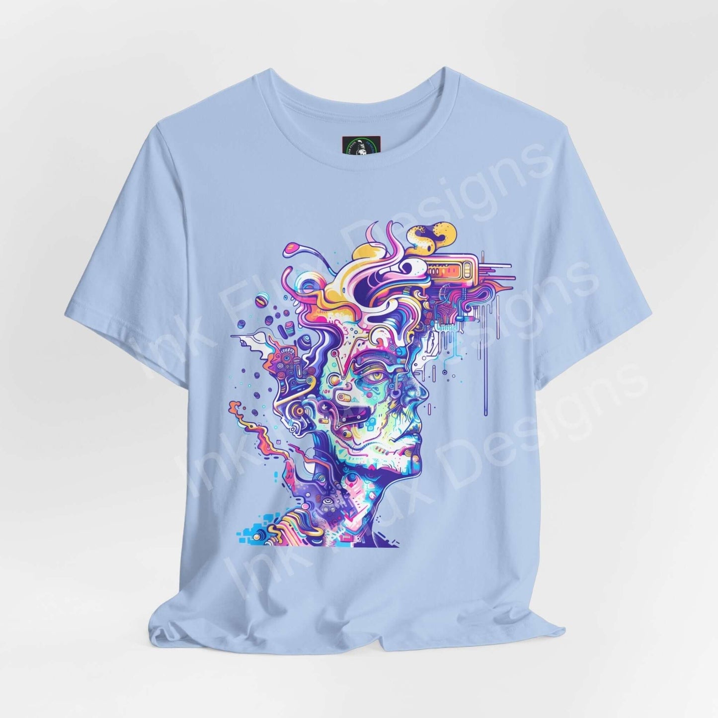 Light blue unisex T-shirt with a bold, psychedelic graphic of a melting face, offering a trippy visual appeal, perfect for style and comfort.