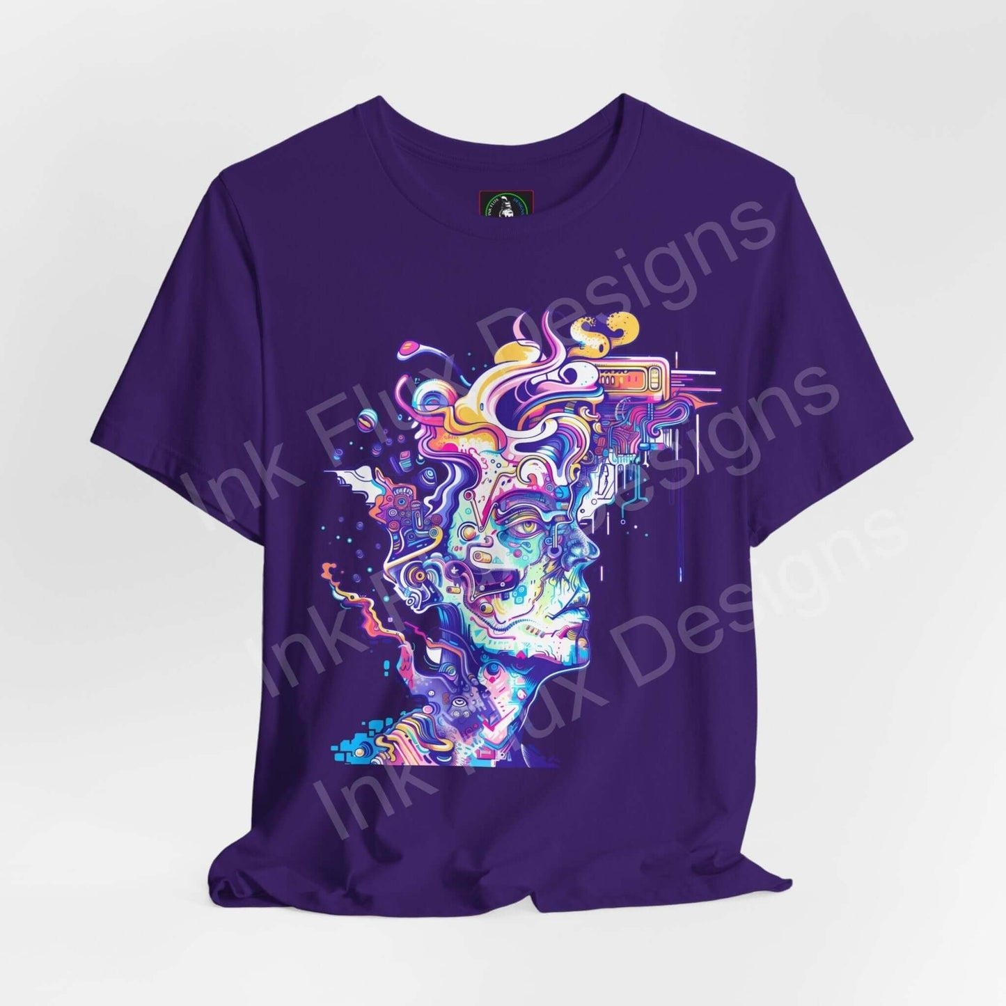 Unisex purple T-shirt featuring bold, psychedelic graphic design with vibrant, trippy colors, ideal for a stylish and comfortable look.