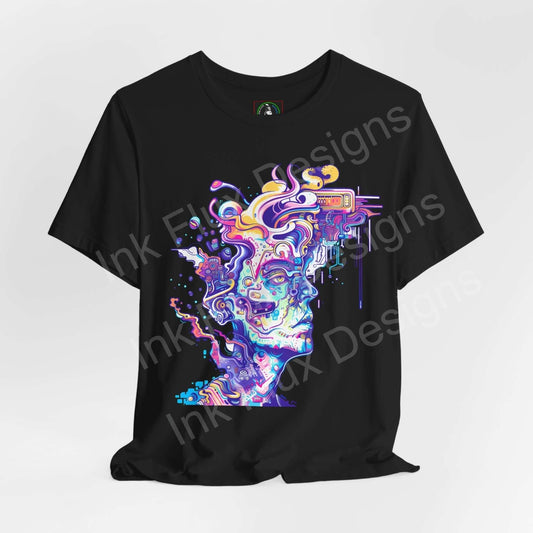 Unisex black jersey T-shirt featuring a bold, psychedelic graphic with trippy, colorful designs, ideal for style and comfort.