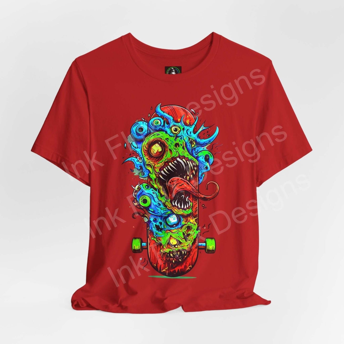 Bold graphic tee featuring a vibrant monster skateboard design on a red unisex jersey T-shirt, perfect for stylish comfort.