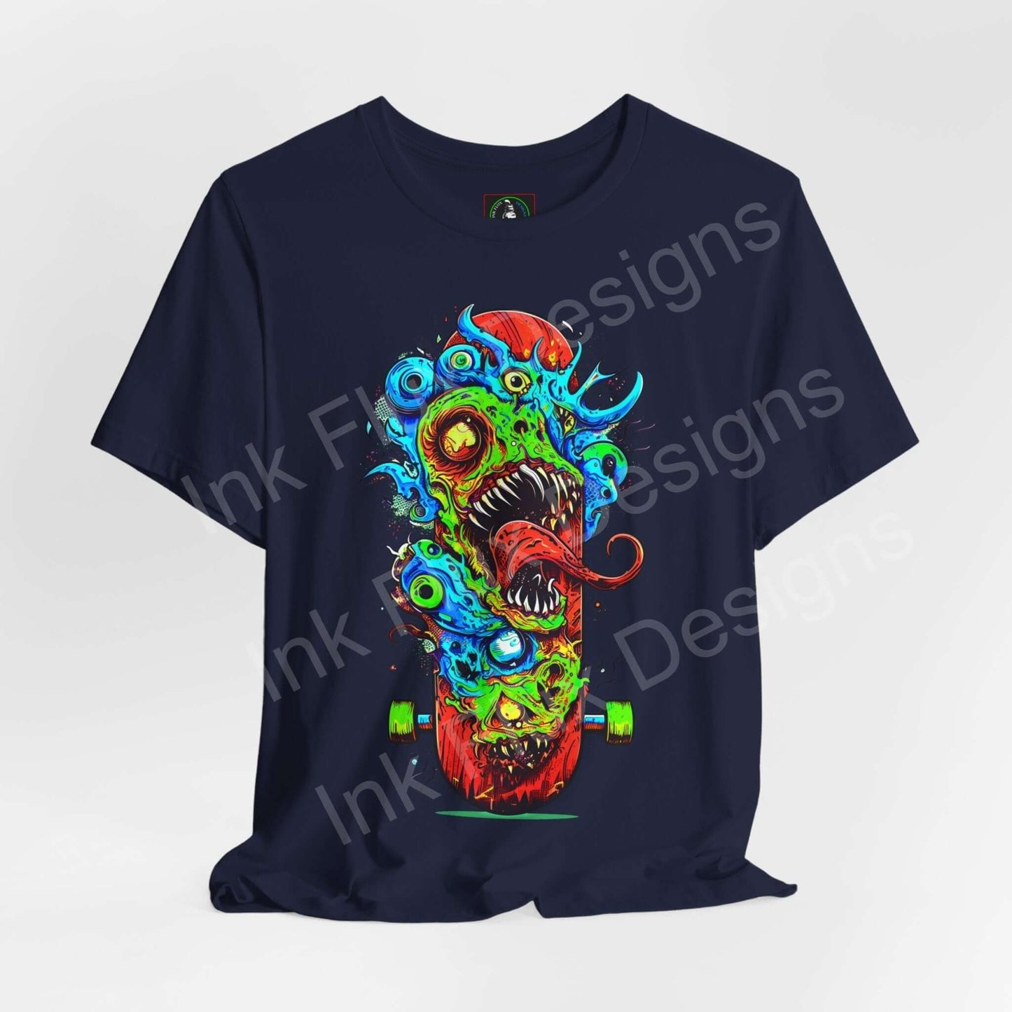 Bold graphic tee featuring a vibrant monster skateboard design on dark blue unisex jersey T-shirt by Bella+Canvas, showcasing vivid colors and artistic detailing.