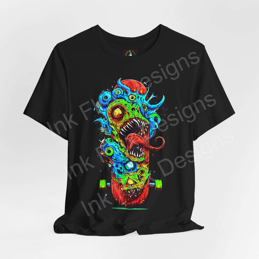 Bold graphic tee featuring a vibrant monster skateboard design on a black unisex jersey T-shirt, showcasing eye-catching colors and intricate details.