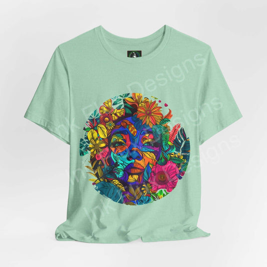 Trippy Mother Earth I graphic tee in mint green, featuring bold psychedelic graphics with vibrant floral and facial motifs, perfect for any occasion.