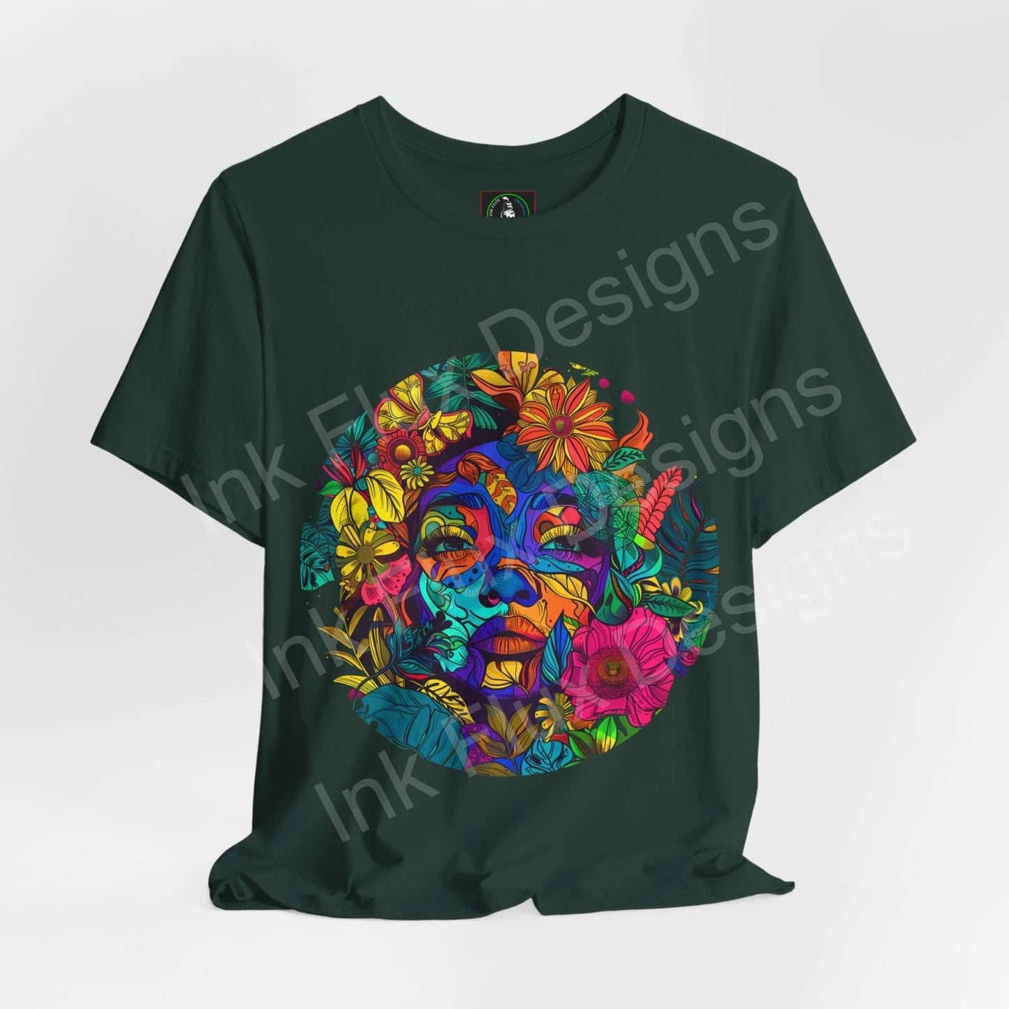 Trippy green unisex T-shirt featuring bold psychedelic Mother Earth graphic with vibrant floral and facial elements, by Bella+Canvas.